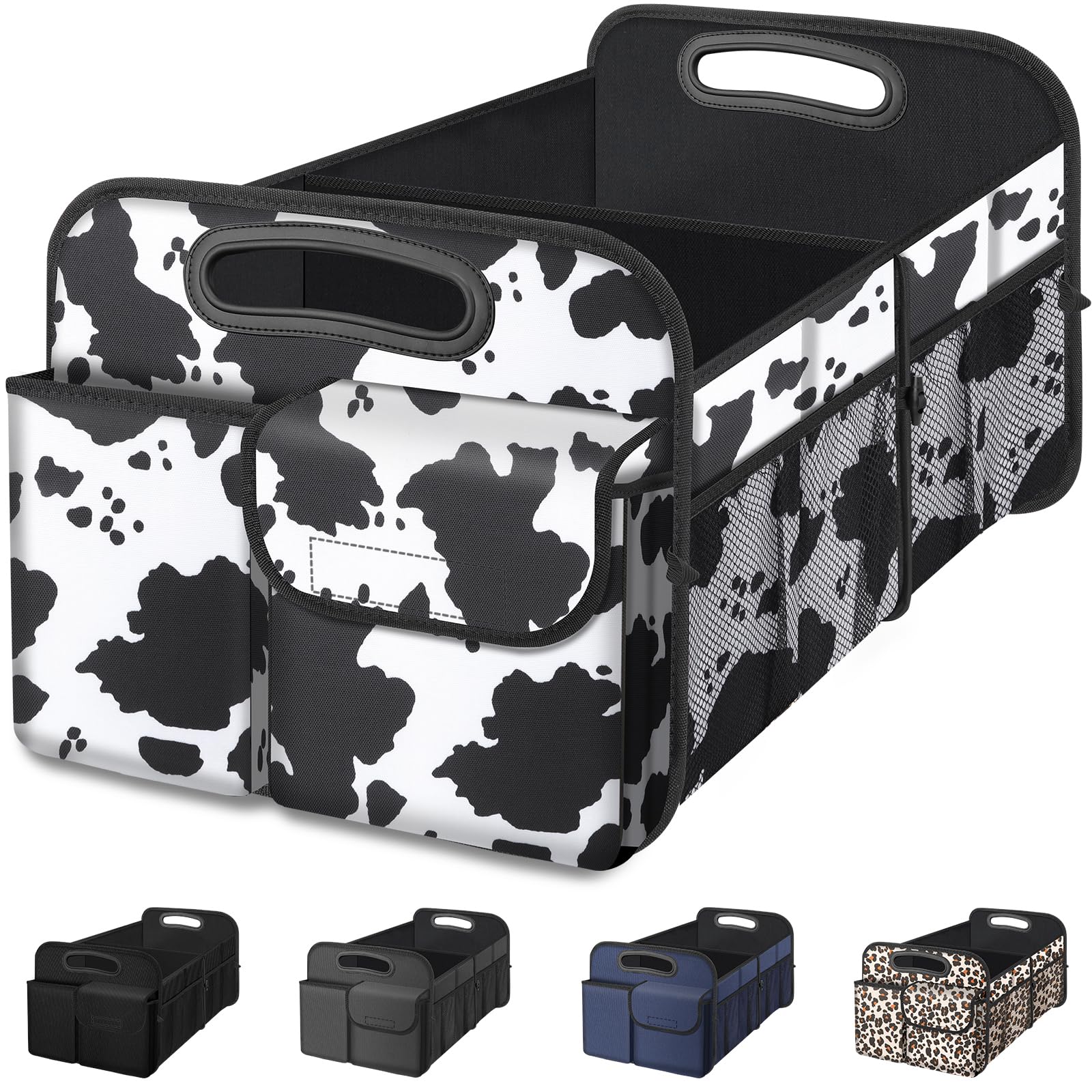 Femuar Car Trunk Organizer, Cow Print, Vintage Style, 52L Capacity, 4 Compartments, Waterproof, Non-Slip, Collapsible, 22.5 D x 