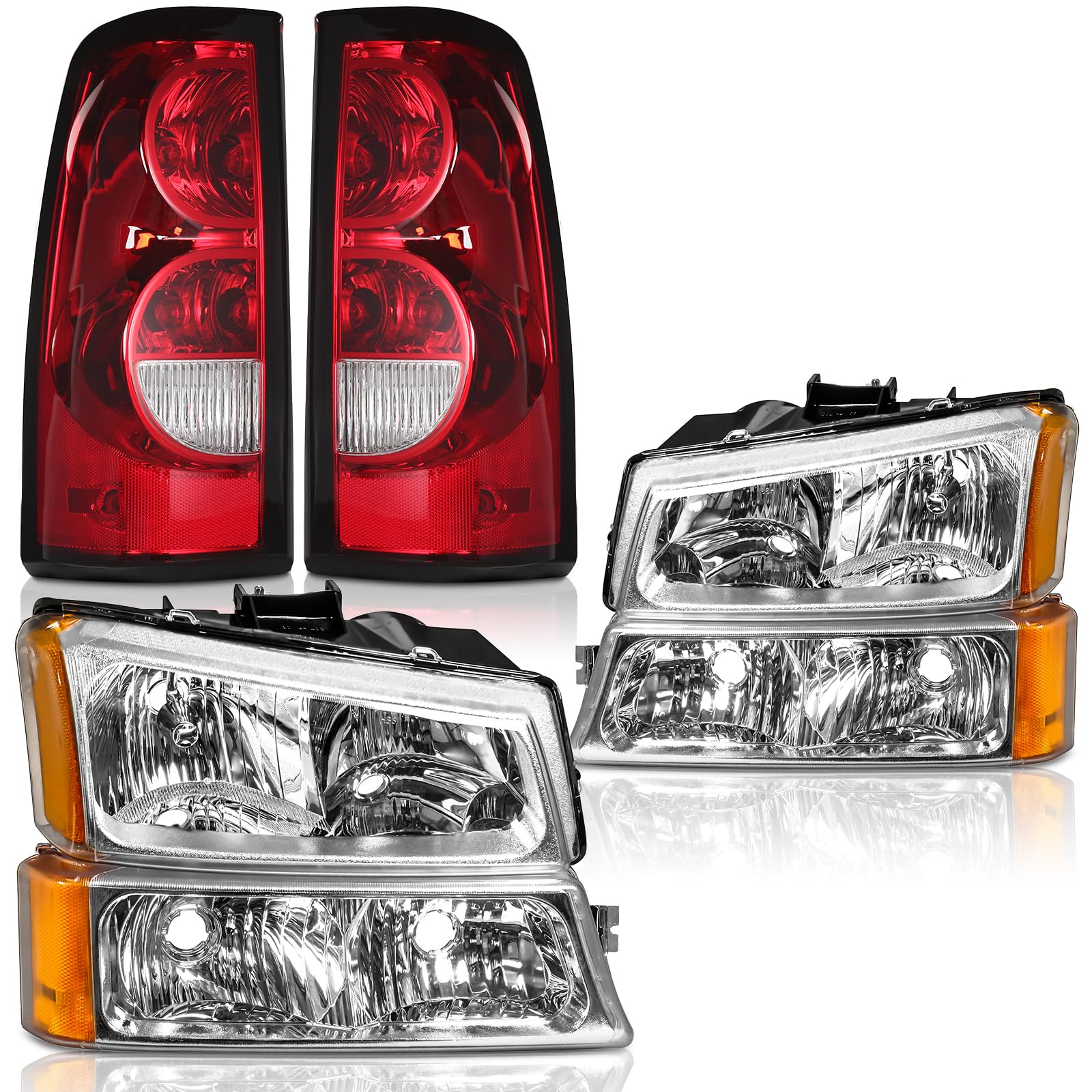 Chrome Housing Amber Headlights Assembly + Rear Tail Lights Combo Compatible With 2003-2006 Chevy Silverado 1500 2500 3500 1500