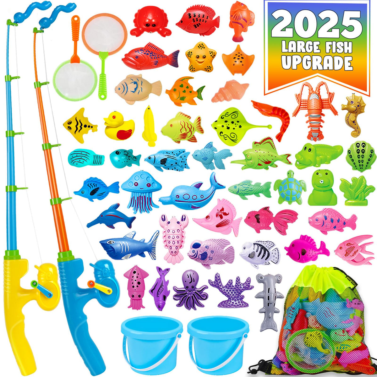 Cozybomb Magnetic Fishing Toys Game Set For Kids | Water Table Bathtub Kiddie Pool Party & Pole Rod Net, Plastic Floating Fish T