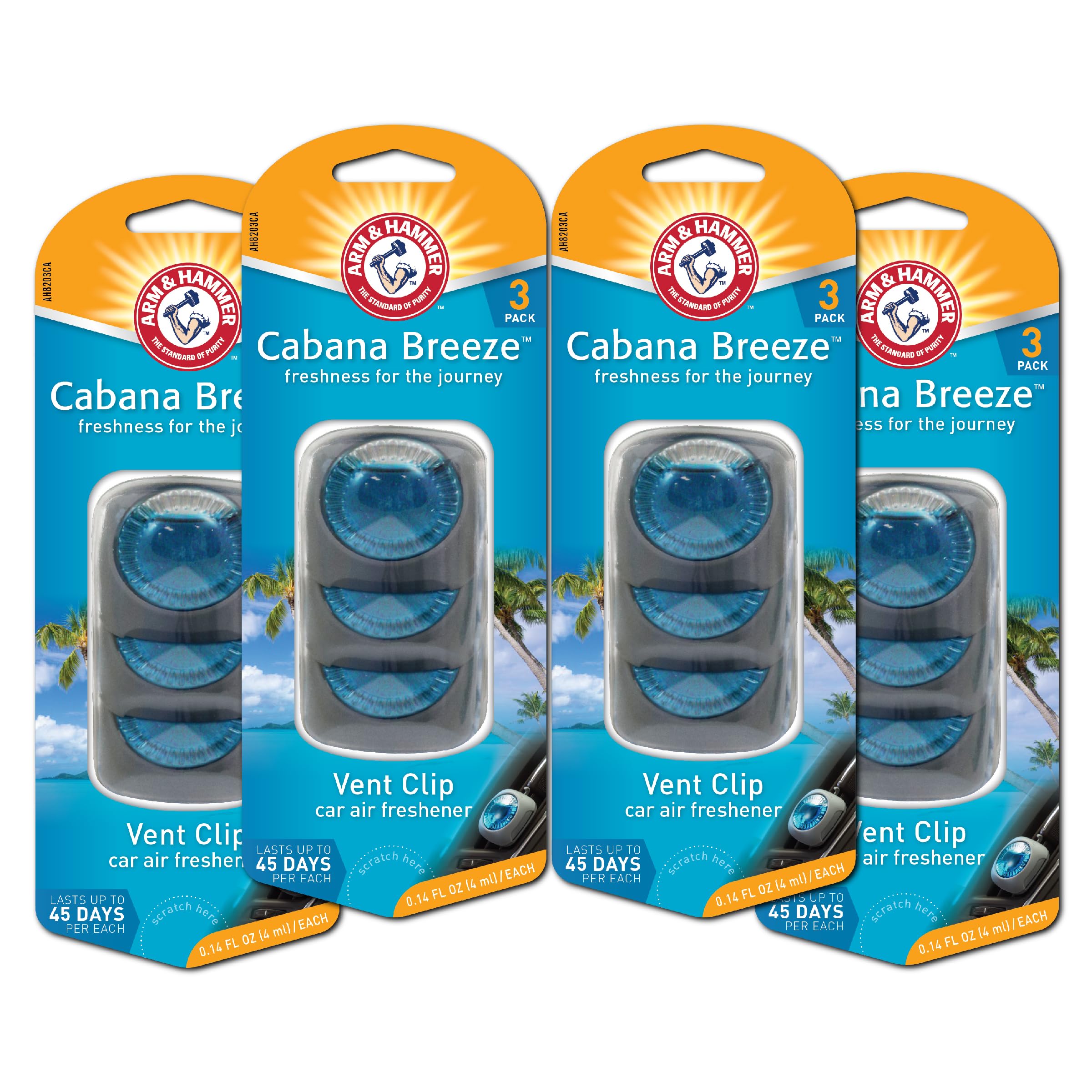 Arm & Hammer AH8203CA Cabana Breeze Freshness Vent Clip for Car Air Freshener 4 Pack of 3 Piece in Each