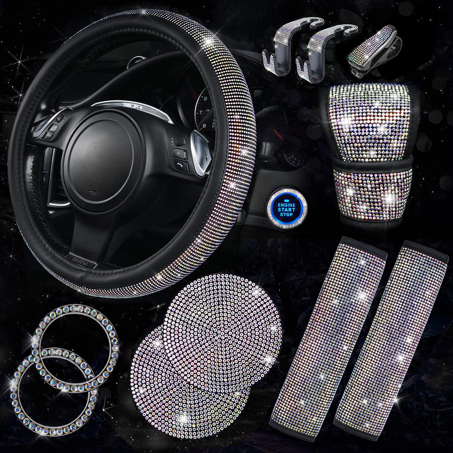 Car Pass 7 Pcs Bling Car Accessories For Women, Sparkly Rhinestone Diamond Steering Wheel Cover, Bling Seat Belt Cushion, Glitte