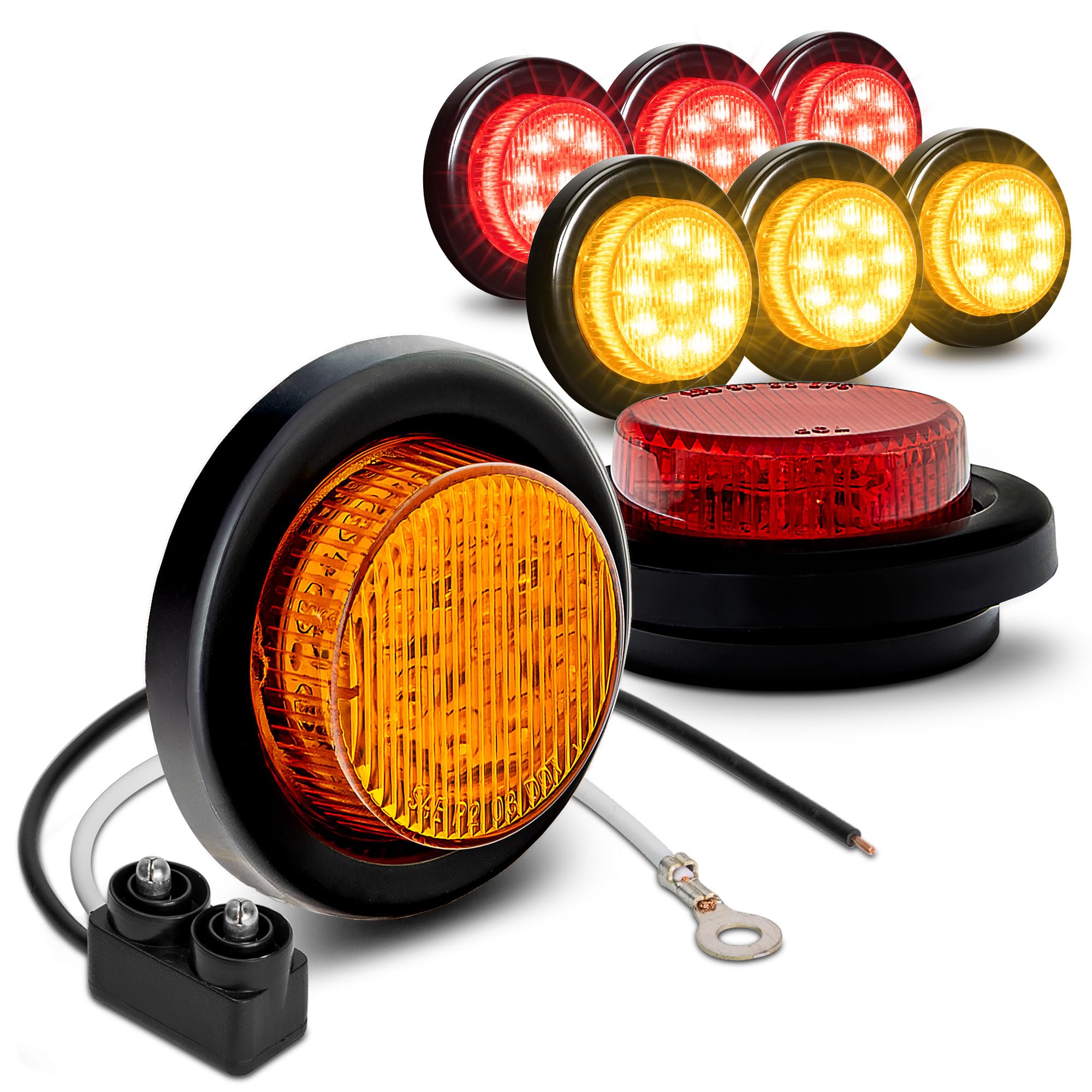 True Mods 8Pc 2'' Amber + Red Round Trailer Led Clearance Marker Lights [Dot Approved] [Reflector Lens] [Grommet] [Flush-Mount]