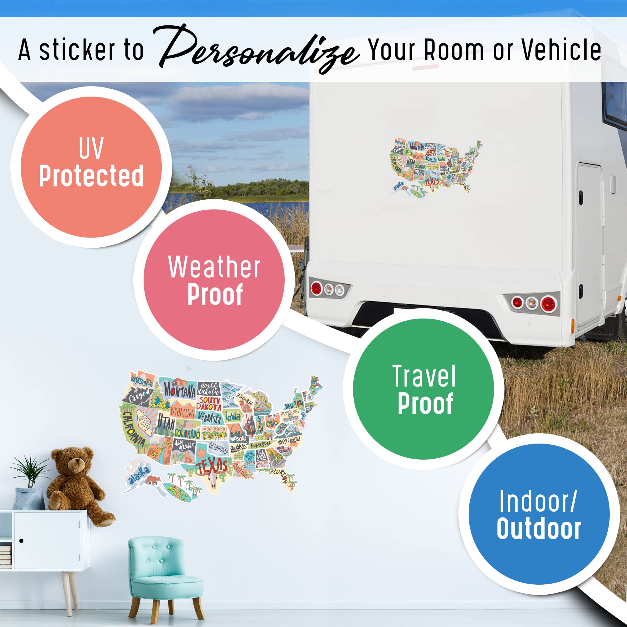 Fairwinds Designs RV State Sticker Travel Map | 50 States Vinyl Decal Bumper Sticker for RVs & Campers | USA States Stickers