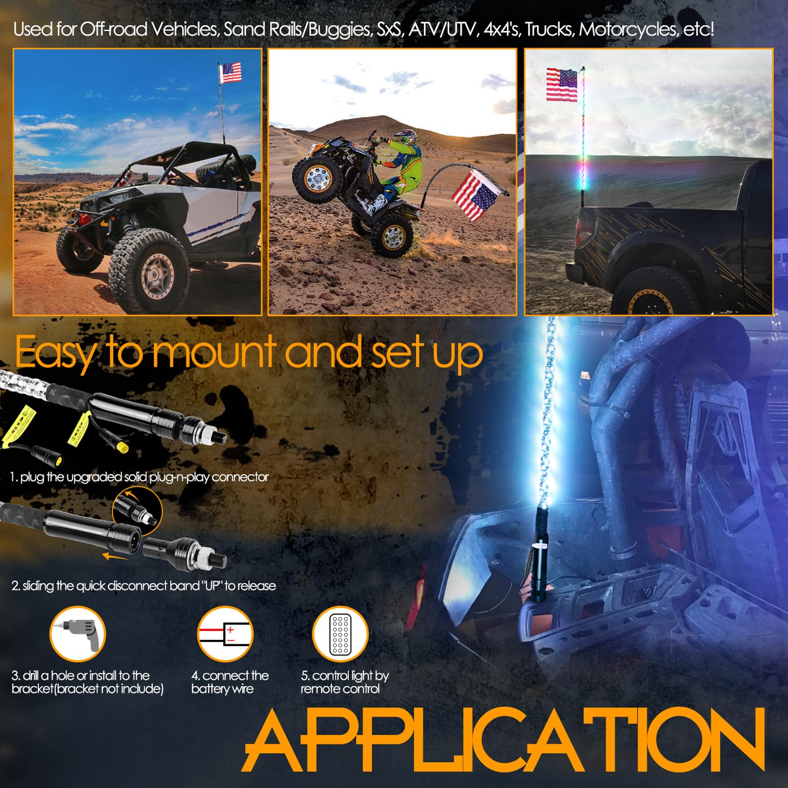 Nirider 5Ft Led Whip Light With Flag Pole Remote Control Spiral Rgb Chase Light Offroad Warning Lighted Antenna Led Whips For Ut