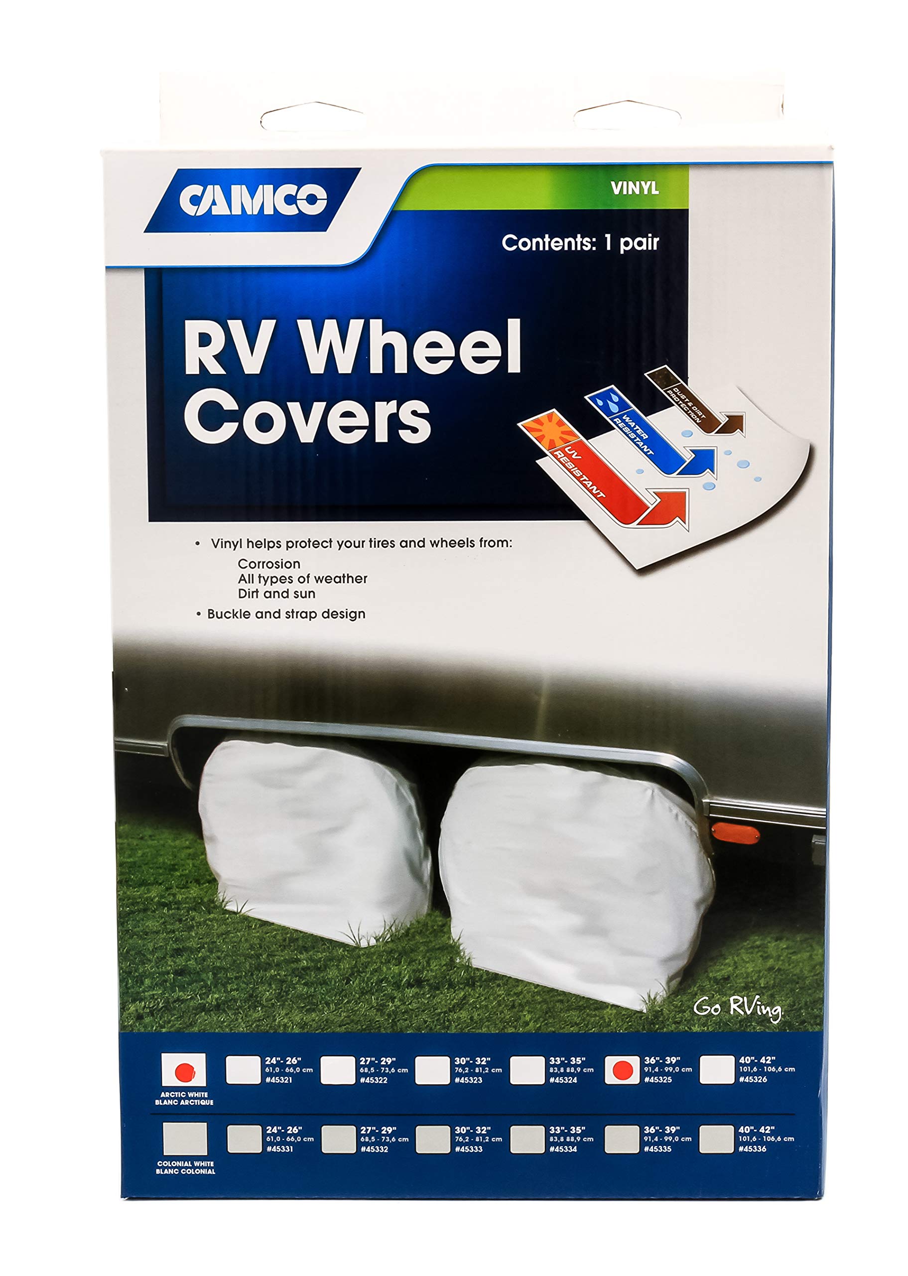Camco 45325 Vinyl Wheel & Tire Protector, 2 Pack (36 Inches-39 Inches, White)