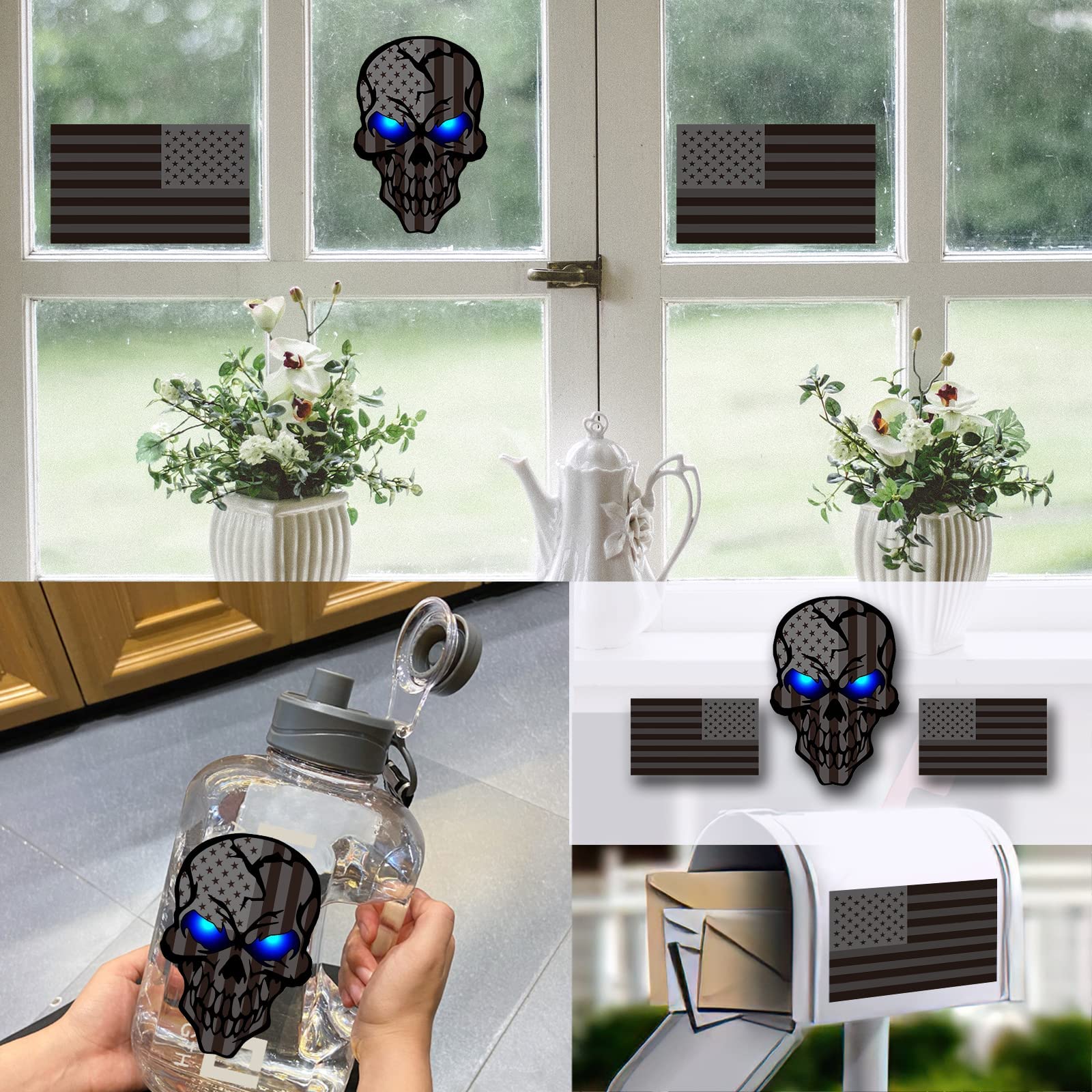 3 Pack 5.1''Reflective All Black American Flag Sticker, Skull Decal With Black Us Flags, Uv Fade Resistant Vinyl Car Flags Stick