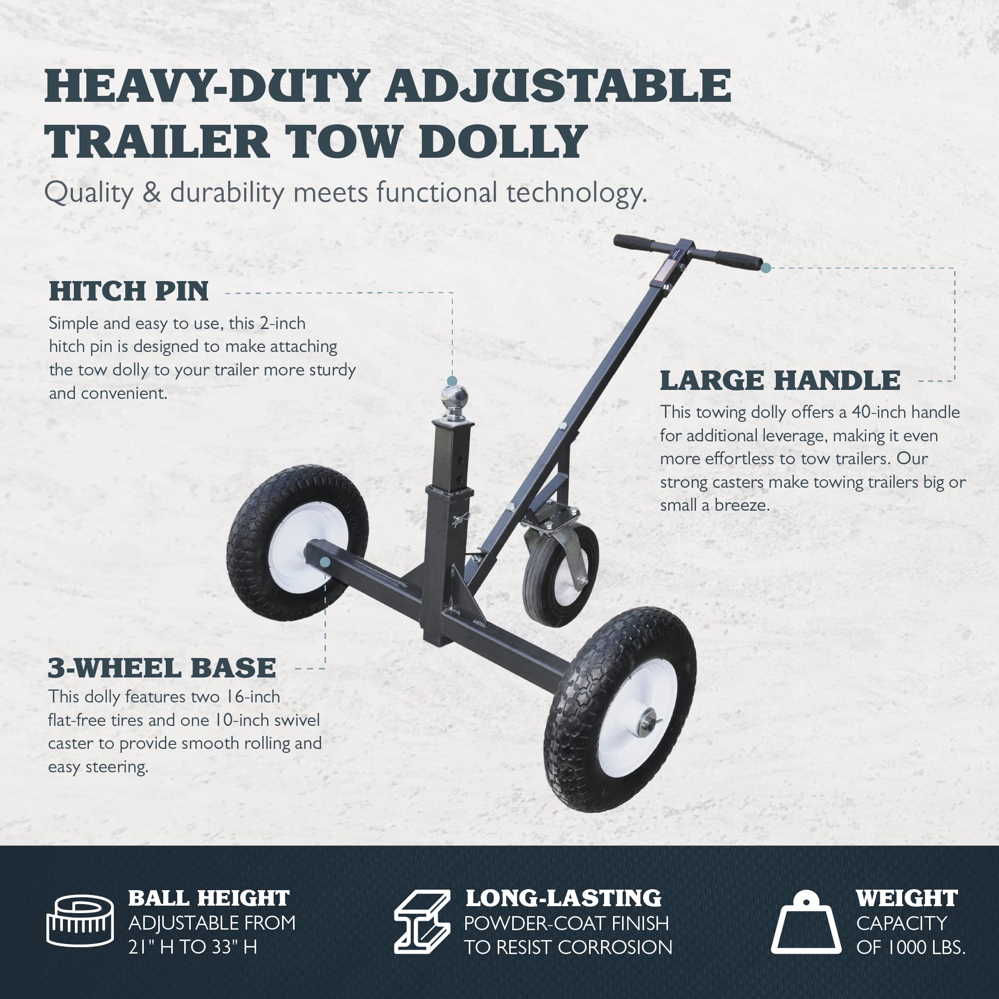 Tow Tuff Adjustable Steel Trailer Dolly w/ 16&quot; Tires & 10&quot; Swivel Caster, 1000 lb Capacity