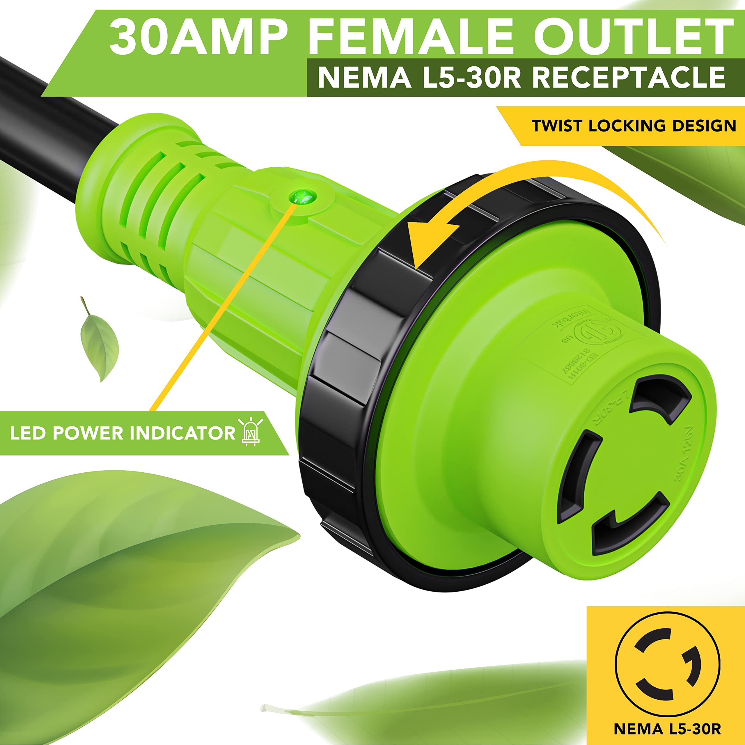 Leisure Cords 25' Power/Extension Cord with 30 AMP Male Standard/30 AMP Female Locking Adapter (30 Amp - 25 Foot)