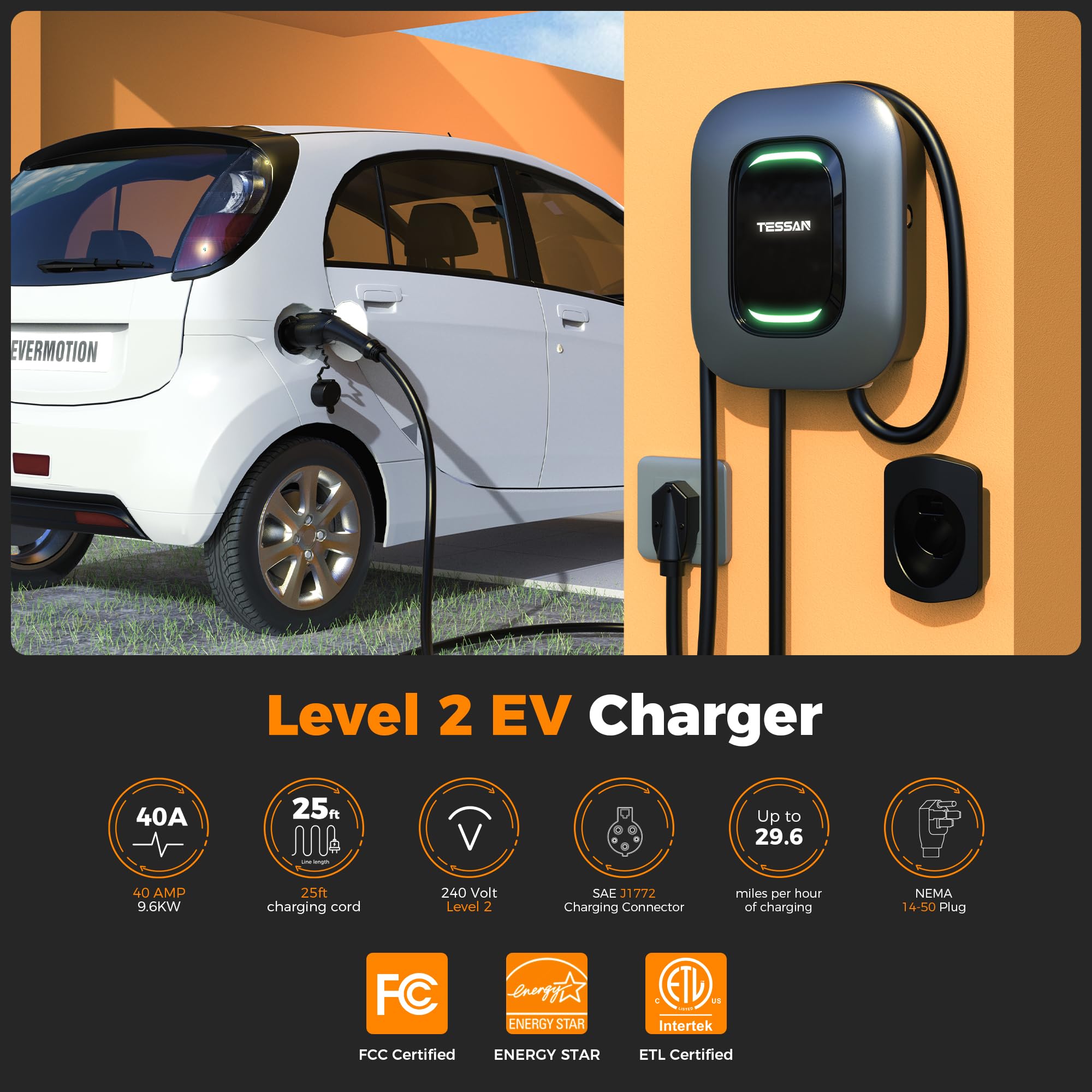 TESSAN EV Charger Level 2, 40A/240V Electric Vehicle Fast Charging Station for Home, Electric Car Charger Equipment 25ft Cable w