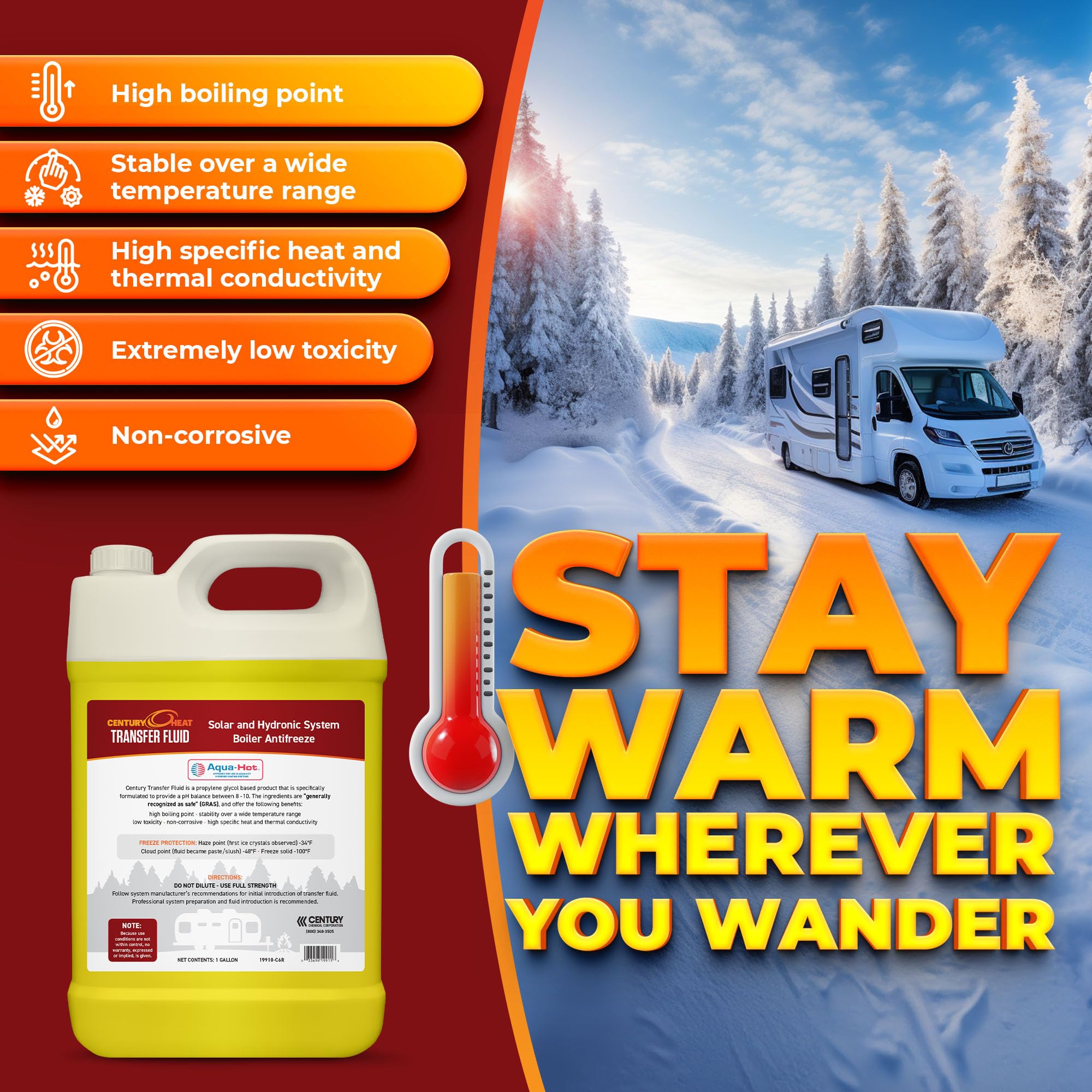 Century Heat Transfer Fluid, Non-Corrosive, Non-Toxic Propylene Glycol RV Antifreeze for Heating Systems | Ready to Use | Recome