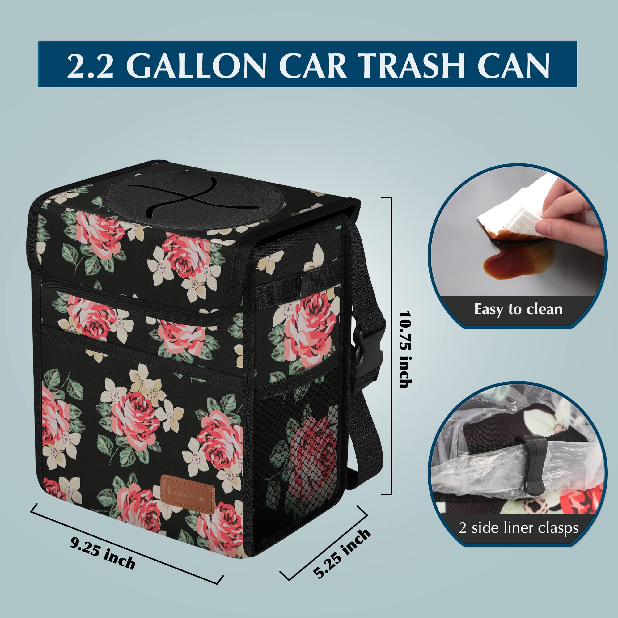Flower Car Trash Can With Lid - Leak Proof, Waterproof, Suv Front Seat, Multipurpose Car Hanging, Collapsible, Portable, Mesh Po