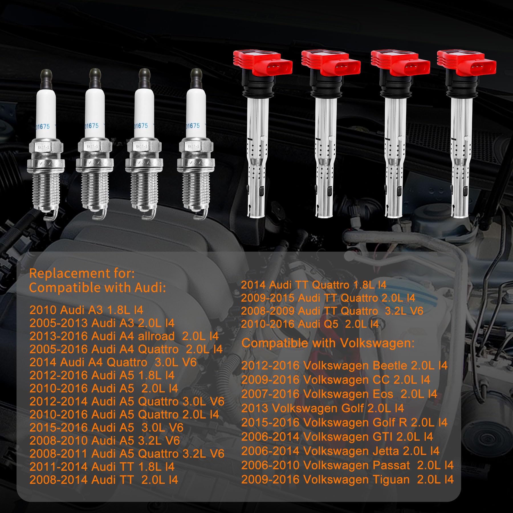 Ignition Coil Pack & Spark Plugs Set Of 4 Compatible With Audi A4 A5 Tt Volkswagen Cc Tiguan & More 2.0L 2.0T Replaces# 06E90511