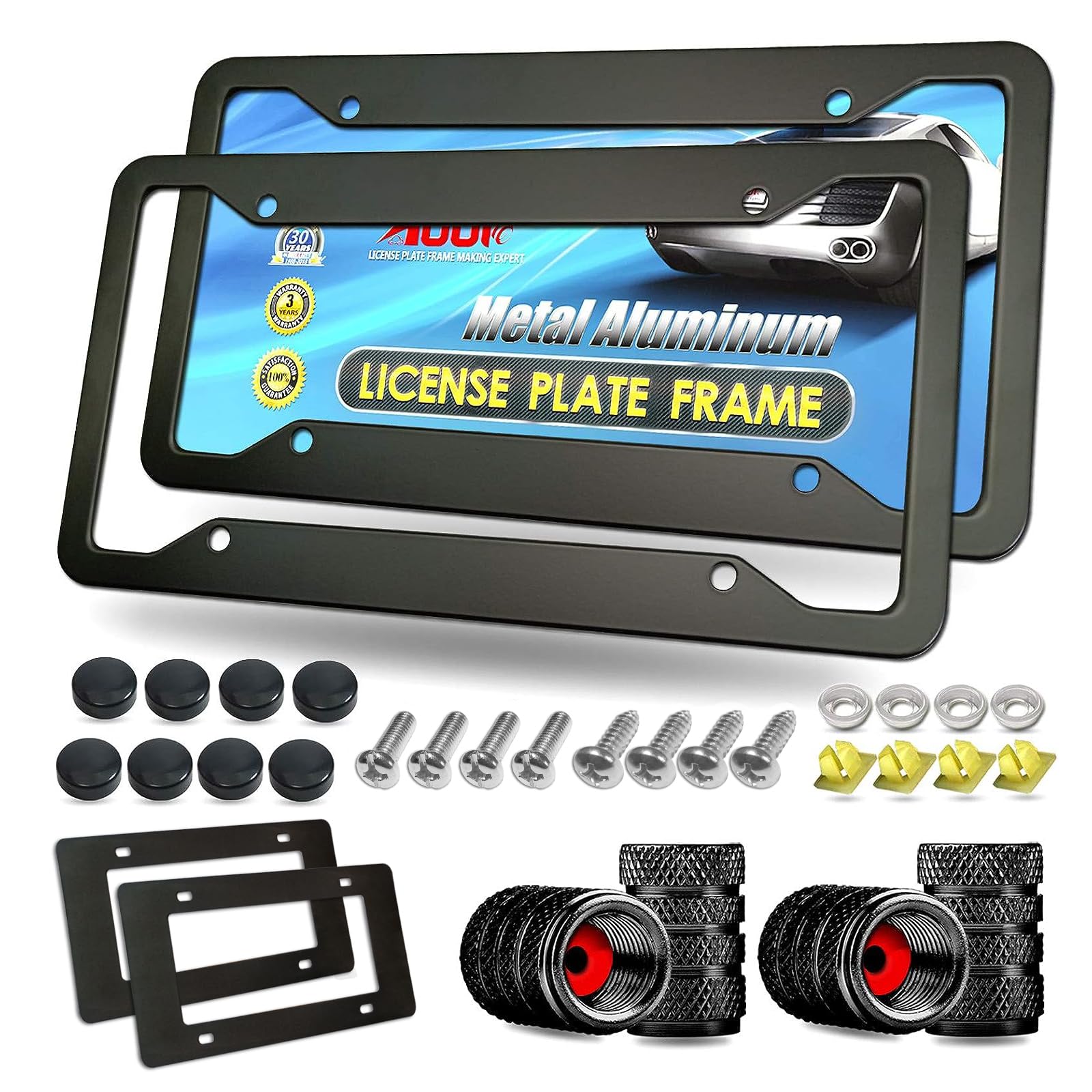 Aootf Black Aluminum License Plate Frames- Heavy Duty Car Tag Cover With Screw Caps, 2 Pack Front & Rear Holders For Women/Men,