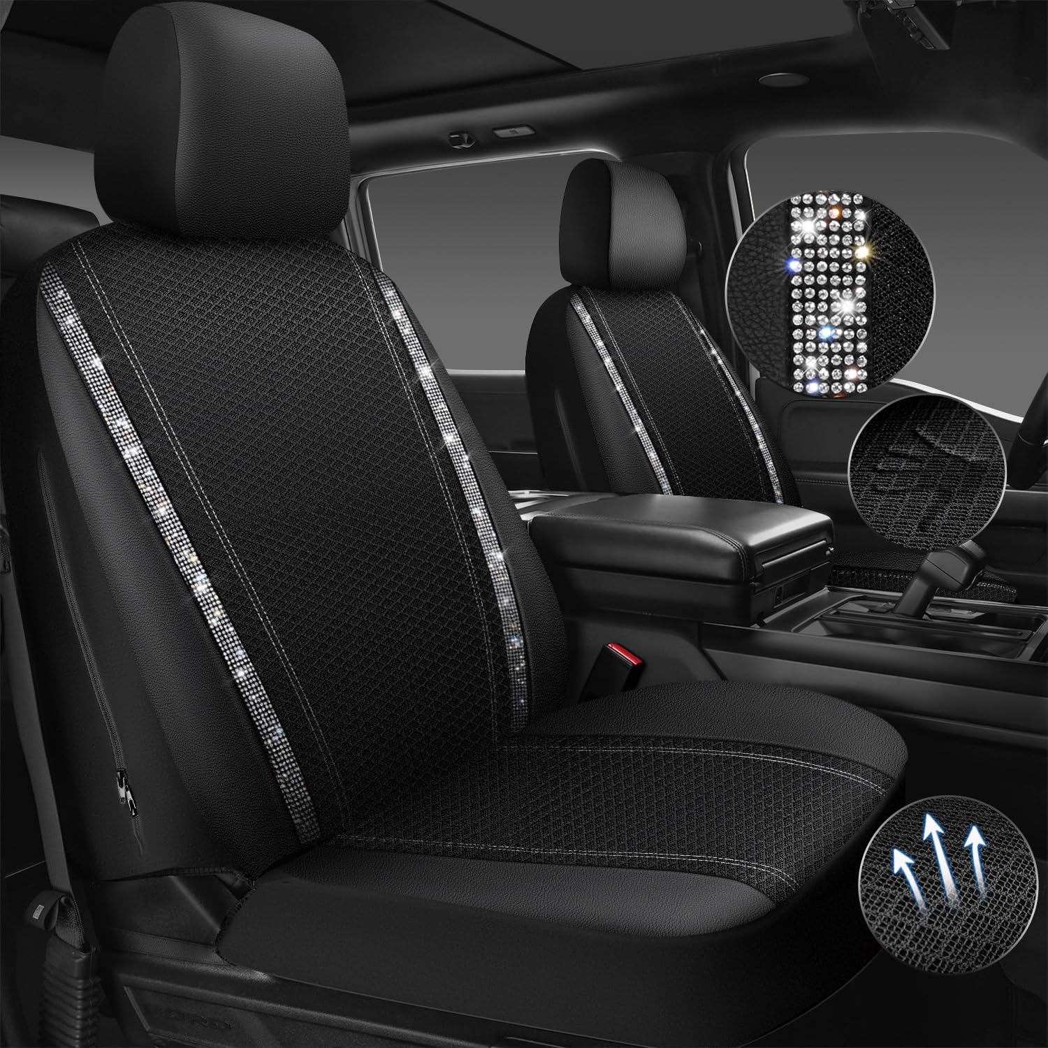 Car Pass Mesh Bling Diamond Car Seat Cover 2 Front Interior Sets Lined Sponge, Breathable Universal Shining Glitter Sparkly Crys