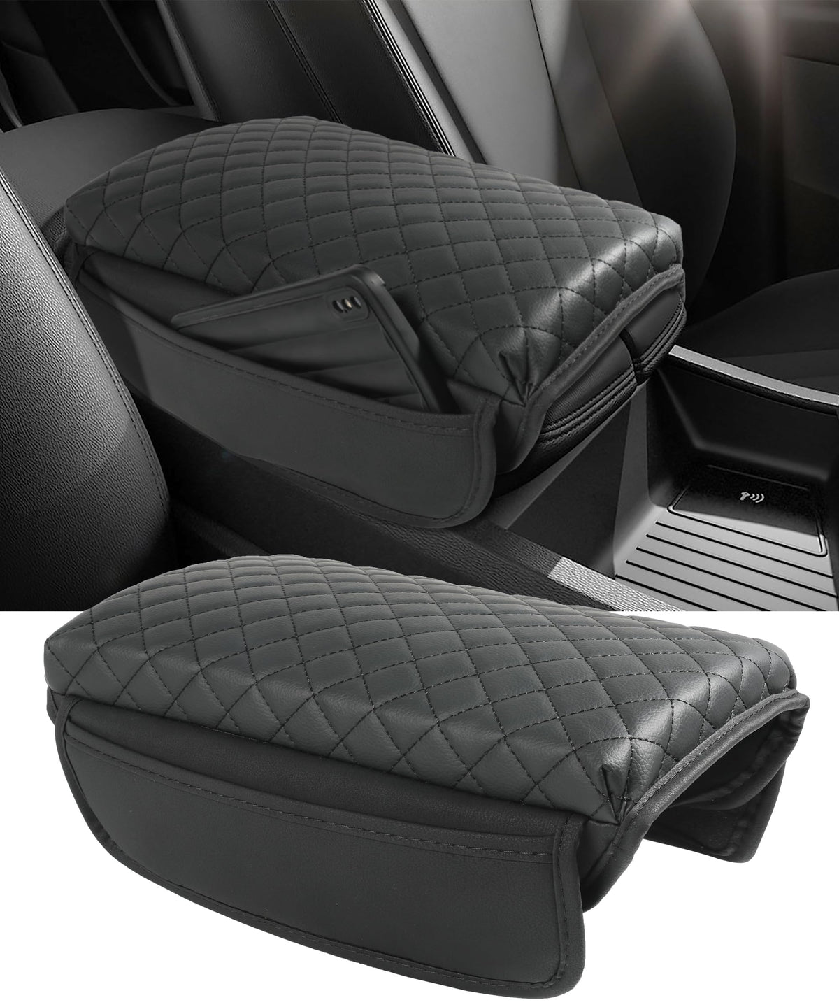 Qziulr Zlirfy Carbon Fiber Leather Armrest Cover For Car,Auto Center Console Pad With Organizer Pockets,Car Armrest Cover,Car Accessories Car Armrest Cushion,Armrest Box Protector(Black)