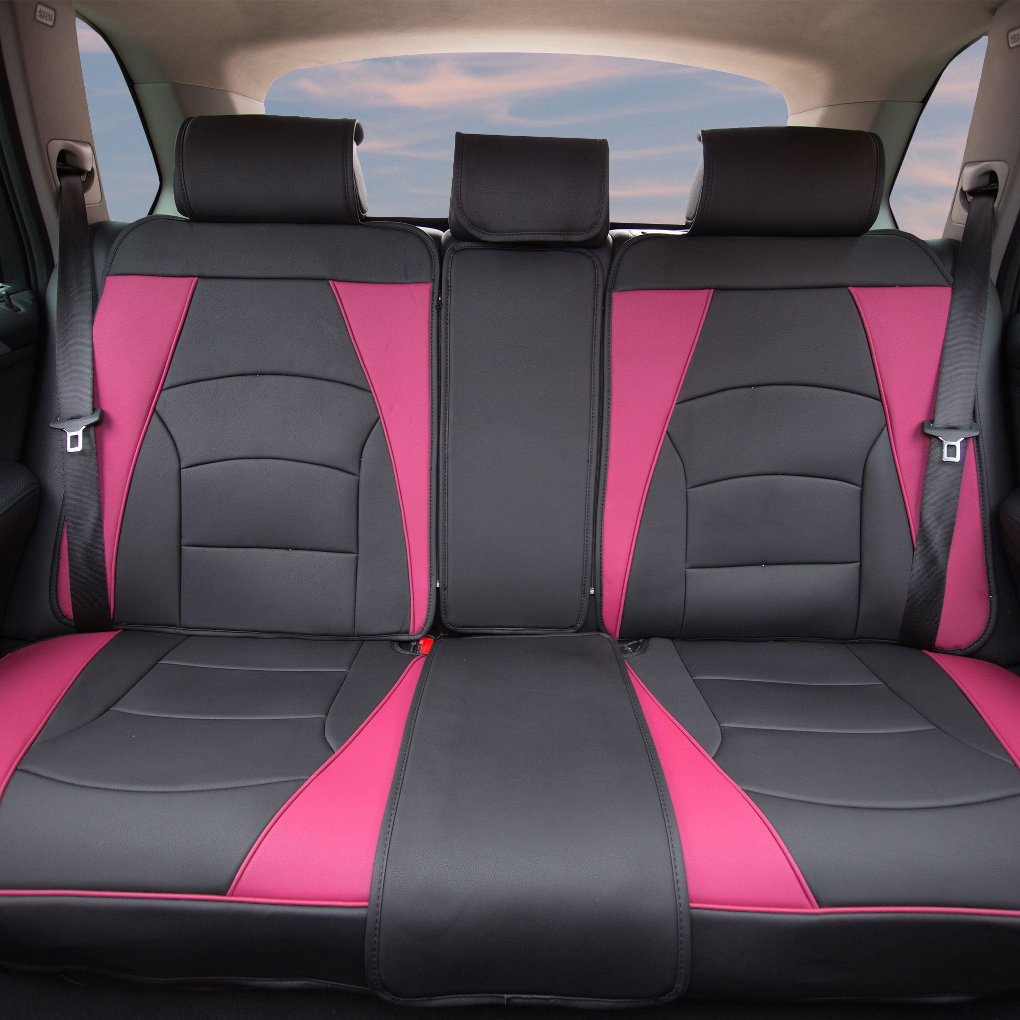 Fh Group Car Seat Cover For Back Seat Pink Black Faux Leather - Universal Fit, Rear Seat Covers For Cars With Rear Split Bench,