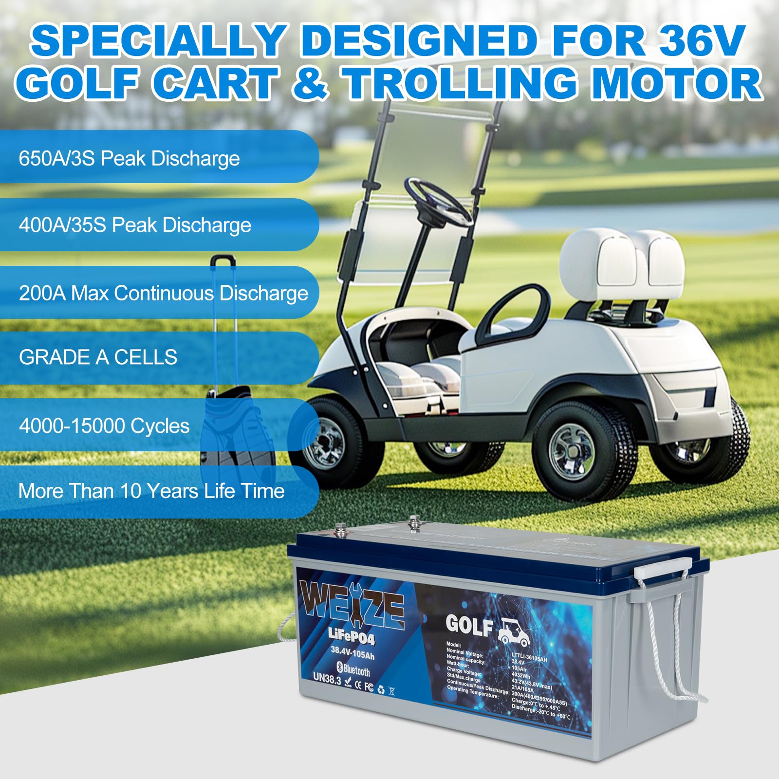 Weize 36V 105Ah Golf Cart Bluetooth Lifepo4 Battery (Replace 6X6V Gc2) With 36V 25A Lithium Batteries Charger, 200A Bms, Grade A
