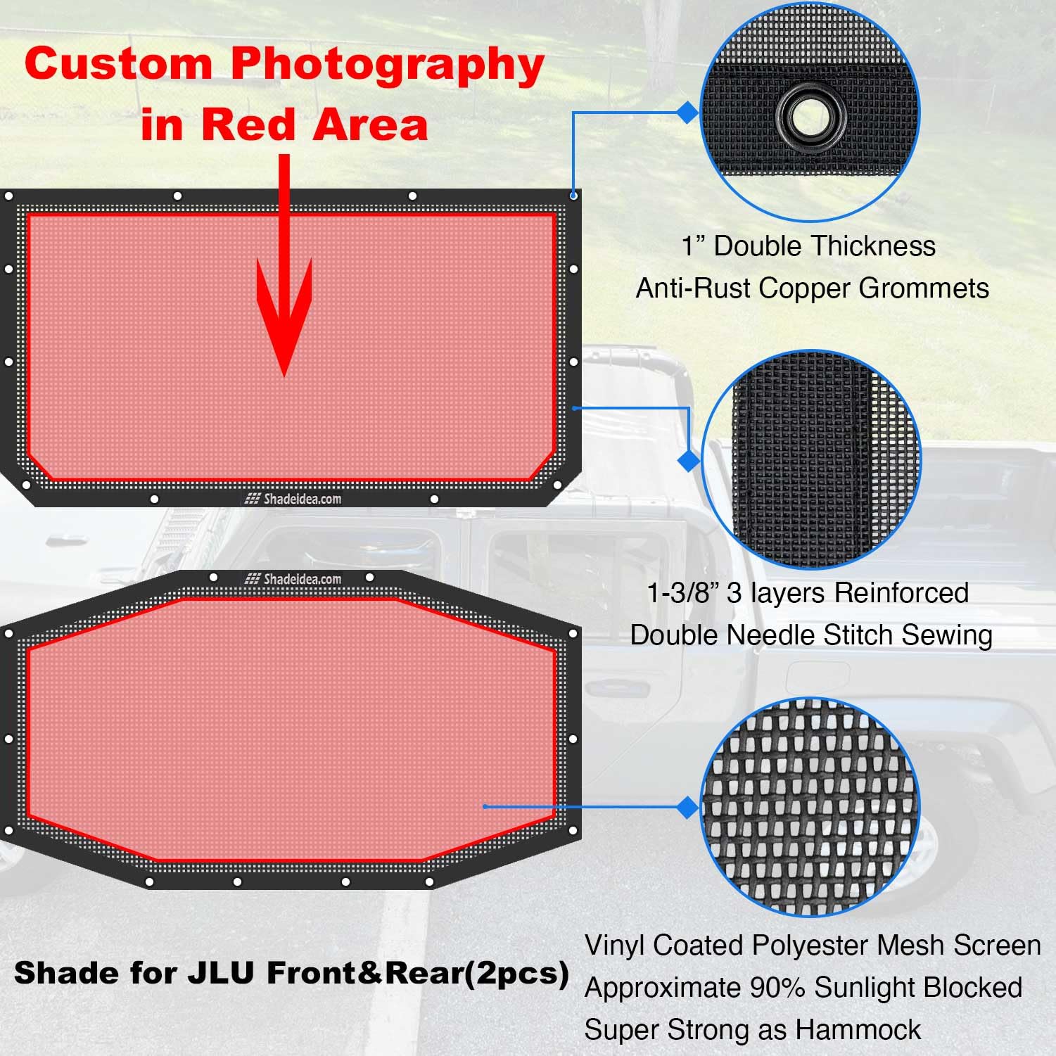 Shadeidea Sun Shade For Jeep Wrangler, Jl (2018-2023) 4 Door Top Sunshade, Front & Rear - Jlu Mesh Screen Cover, Uv Blocker With