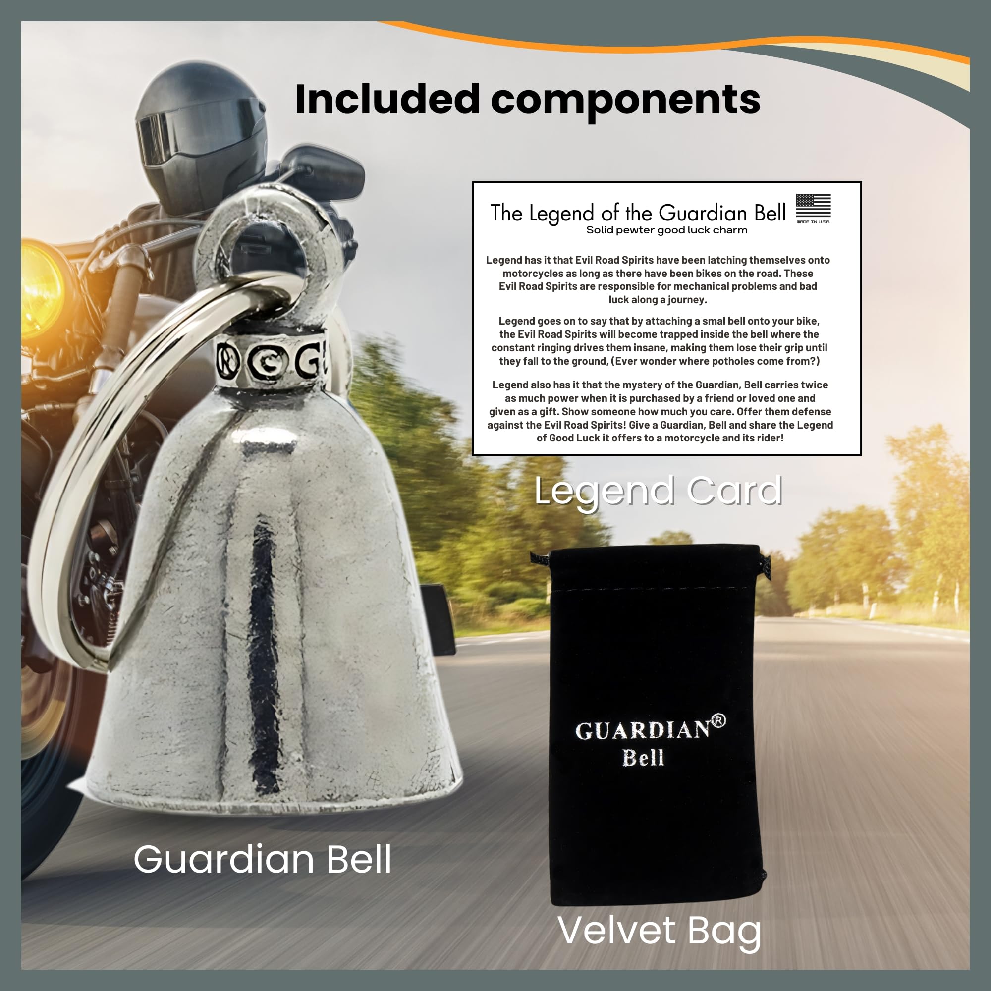 Guardian Bell Sport Bike Tricks Good Luck Bell W/Keyring & Black Velvet Gift Bag | Motorcycle Bell | Lead-Free Pewter | Good Luc