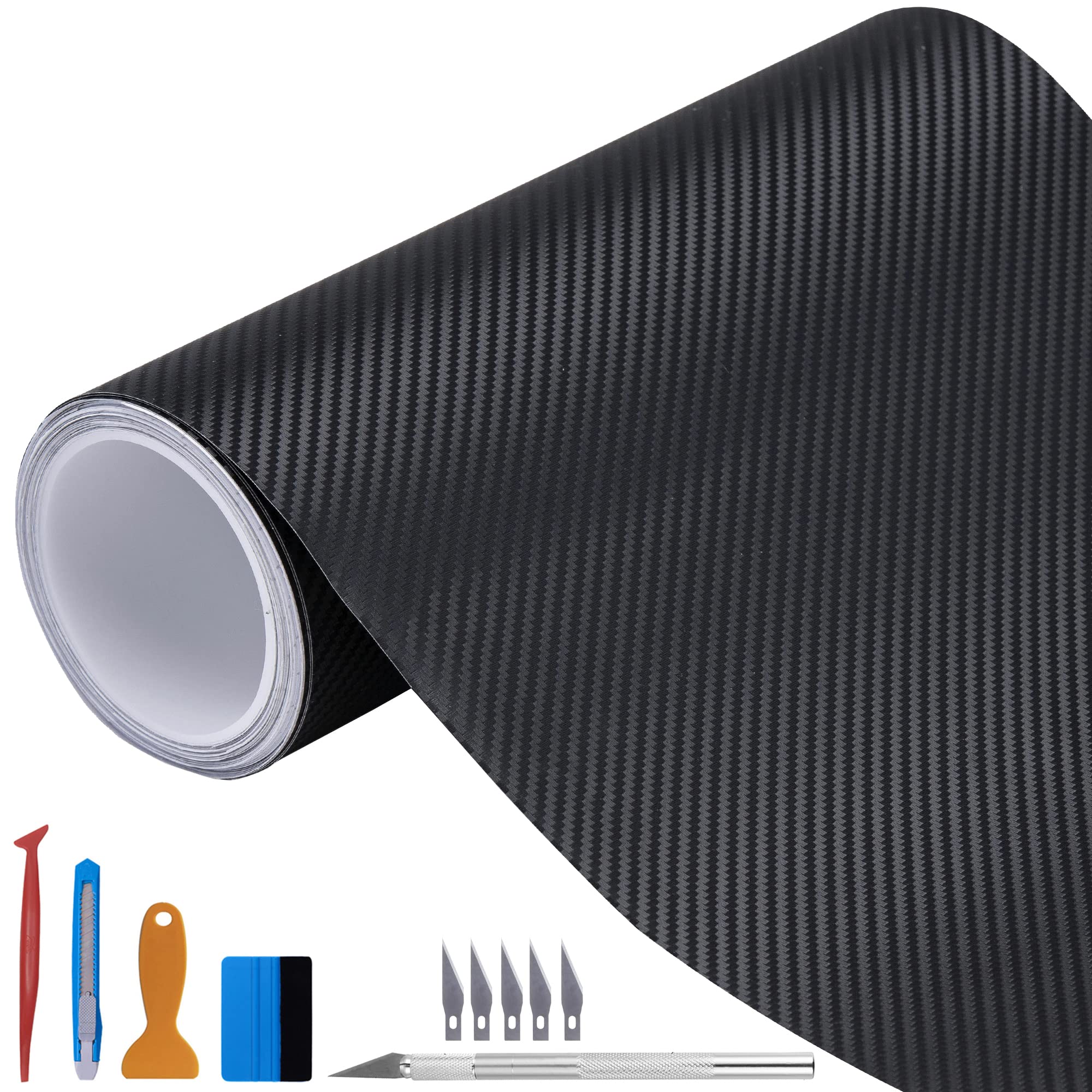 Lzlrun 3D Black Carbon Fiber Vinyl Wrap Roll With Air Release - Outdoor Rated For Automotive Use - 5Ft X 10Ft