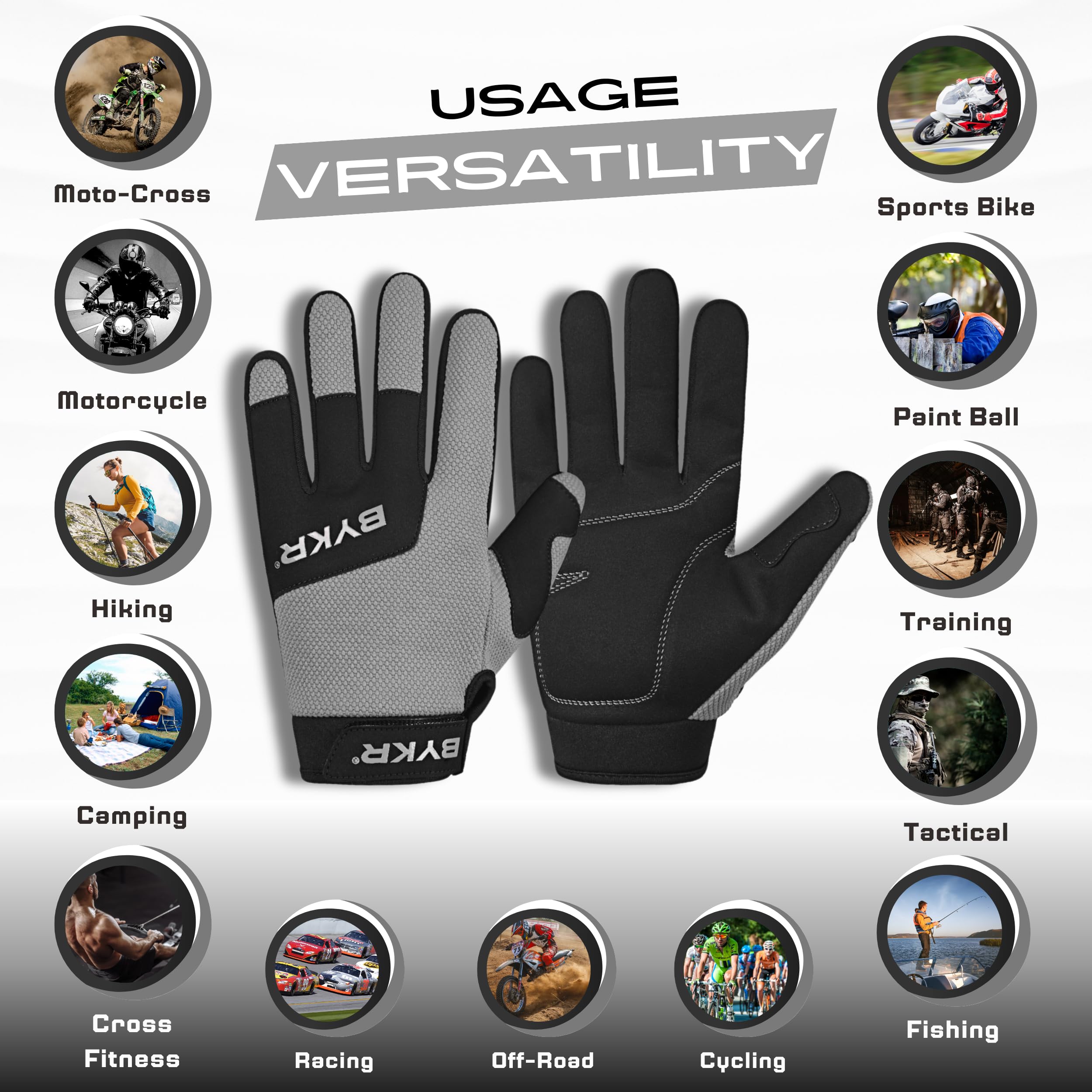 Bykr All-Weather Motorcycle Gloves For Men & Women - Protection For Dirt Bike, Bmx, Mx, And Atv Riding - Grey L