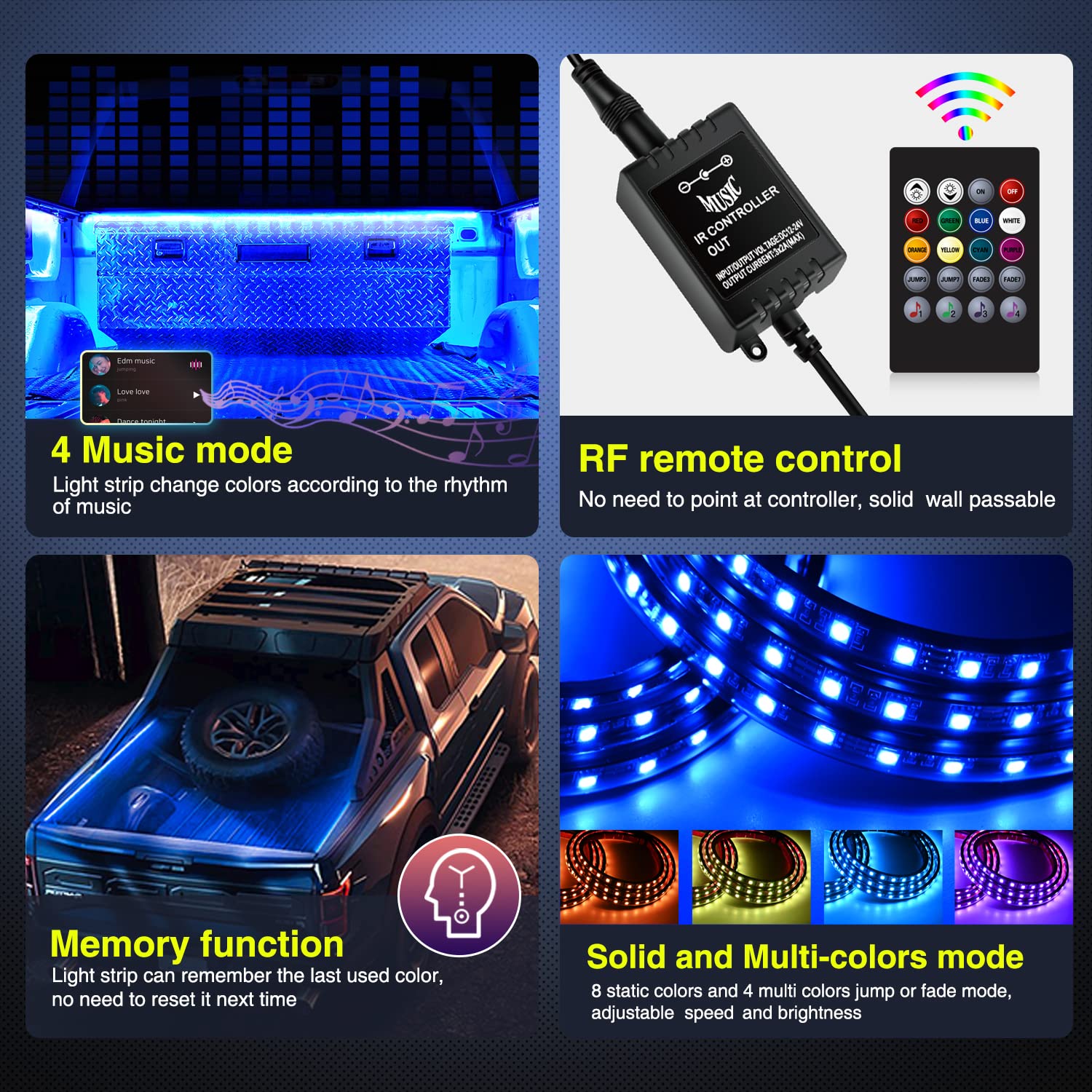 Nilight 3Pcs 60 Inch Rgb Truck Bed Light Strip Kit 270 Led Neon Accent Lights With Rf Remote On Off Switch Splitter Extension Ca