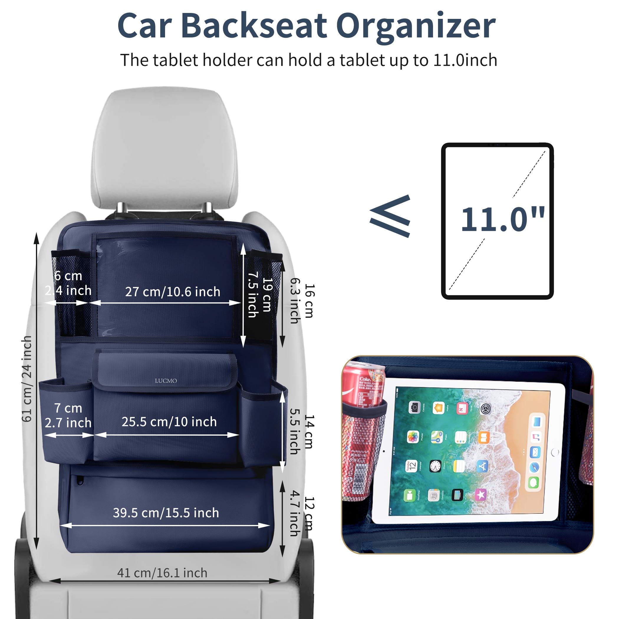 Lucmo Car Backseat Organizer With Touch Screen Tablet Holder,9 Storage Pockets Car Storage Organizer,Protectors Kick Mats Travel