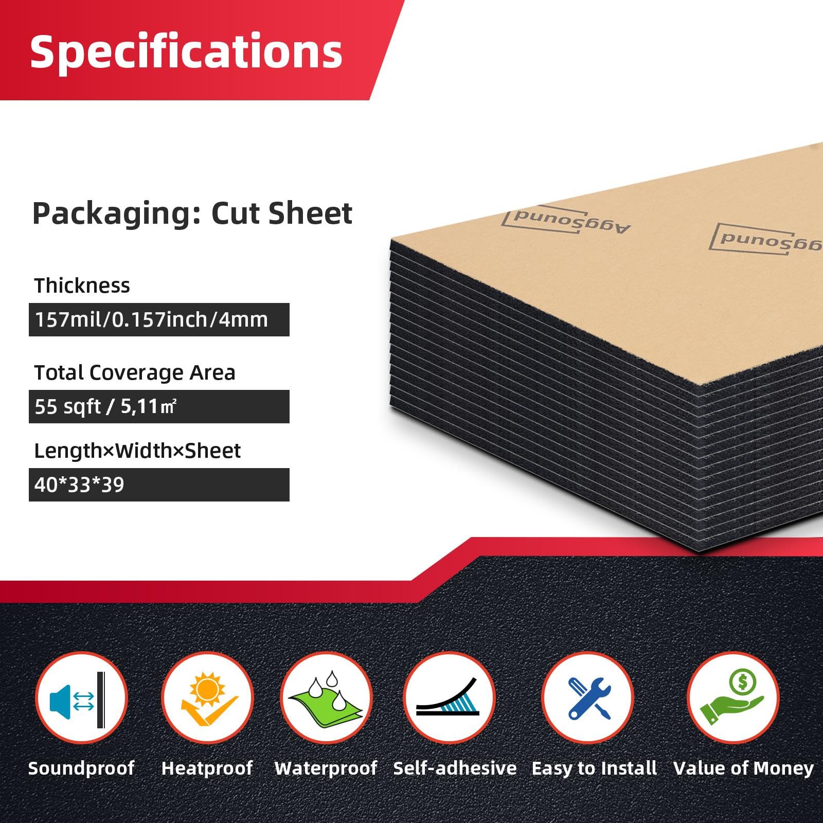 Aggsound 157Mil 55Sqft Roll Pack Sound Deadener For Cars-Auto Closed Cell Foam Noise Deadening Material-Heat Shield Insulation D