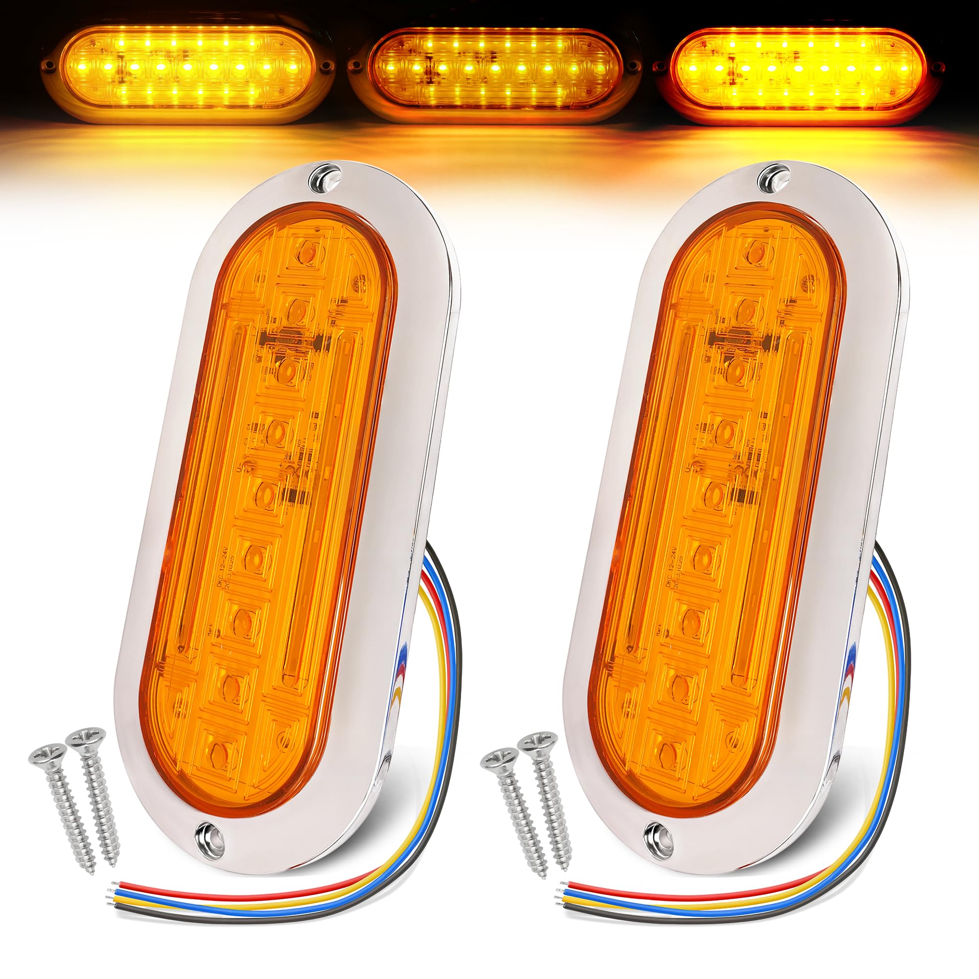 MADCATZ 2 Pcs of 6 Inch Amber Oval LED Strobe Light, 21 LEDs with High/Low/Flash Modes 4 Wires w/Chrome Bezel Stop Turn Brake Li