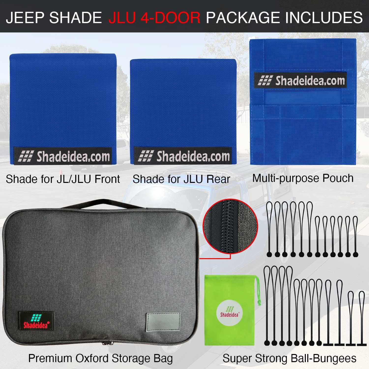 Shadeidea Sun Shade Top For Jeep Wrangler Top Sunshade Jl Unlimited (2018-2023) 4 Door Front And Rear 2 Piece - Blue Mesh Screen