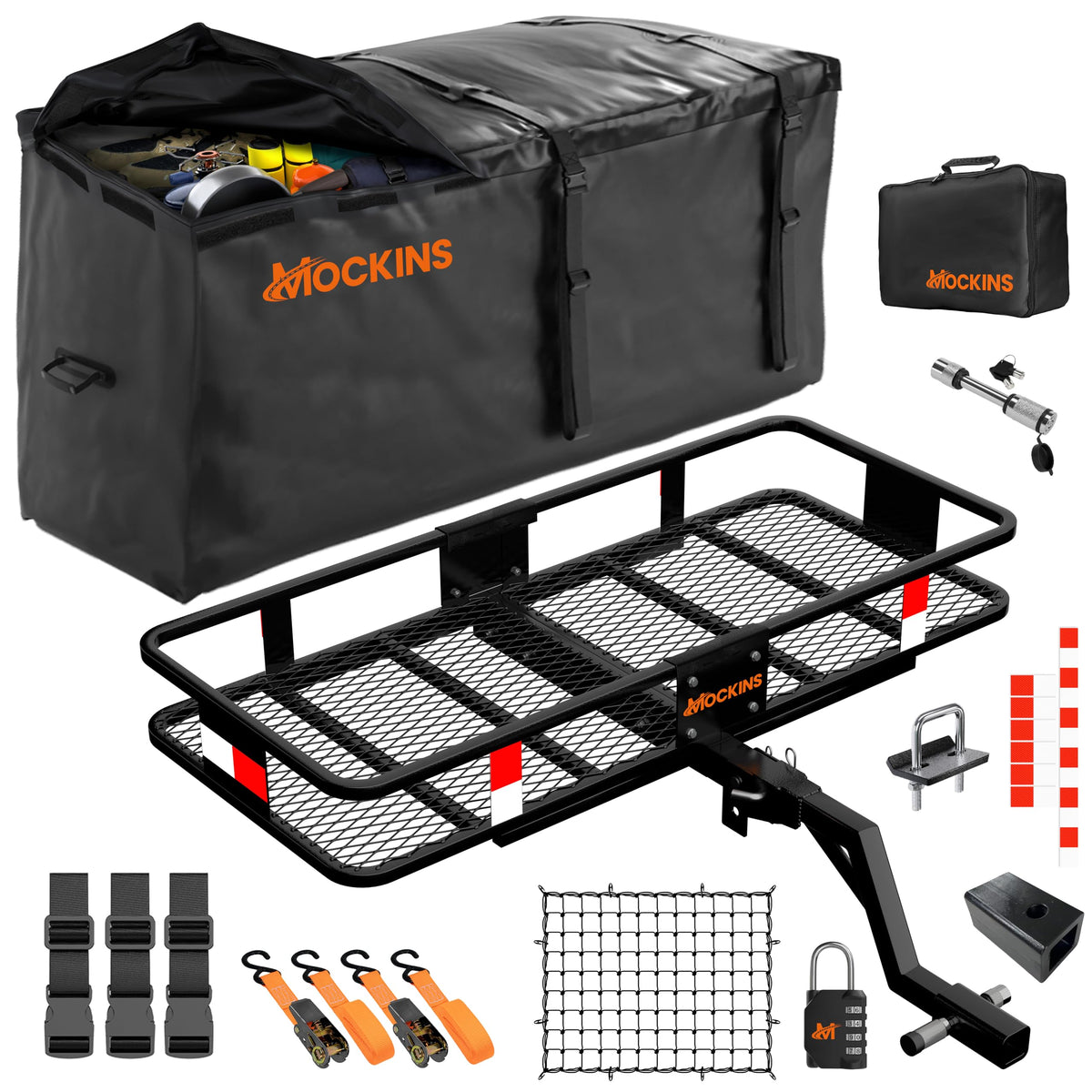 Mockins 6'' Raised Shank Heavy Duty Trailer Hitch Cargo Carrier 48''x20''x6'' w/ 1.25'' to 2'' Adapter & 15 CuFt Waterproof Hitc