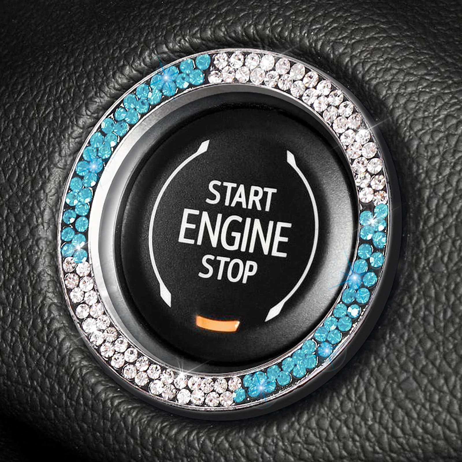 Tobequeen Teal Bling Push Start Button Cover Emblem Sticker, Crystal Diamond Rhinestone Blue Engine Start Ring Car Decor, White