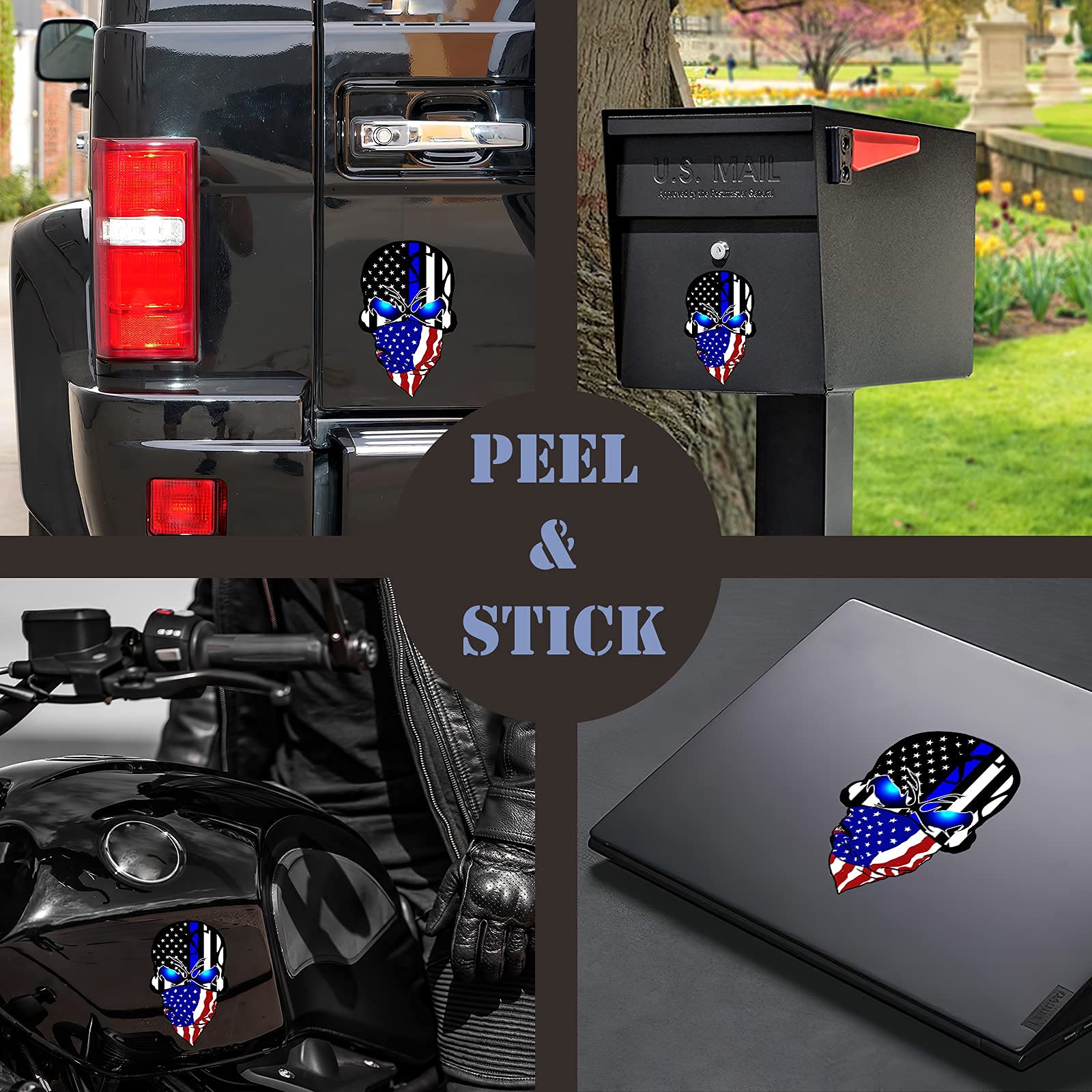 2 Pack Car Decals Stickers, Skull Reflective Us Flag With Thin Blue Line, Honoring Police Law Enforcement Vinyl Stickers Van Tru