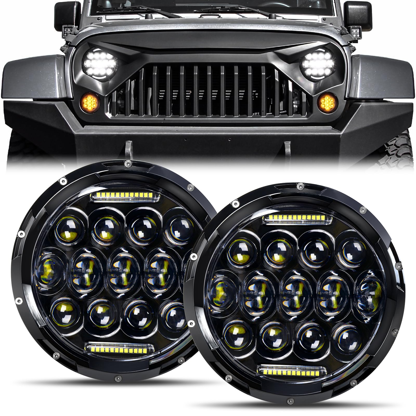Aaiwa Led Headlight For Wrangler, 7'' Round Led Headlights 105W Headlight With Daytime Running Light High/Low Beam Compatible Wi