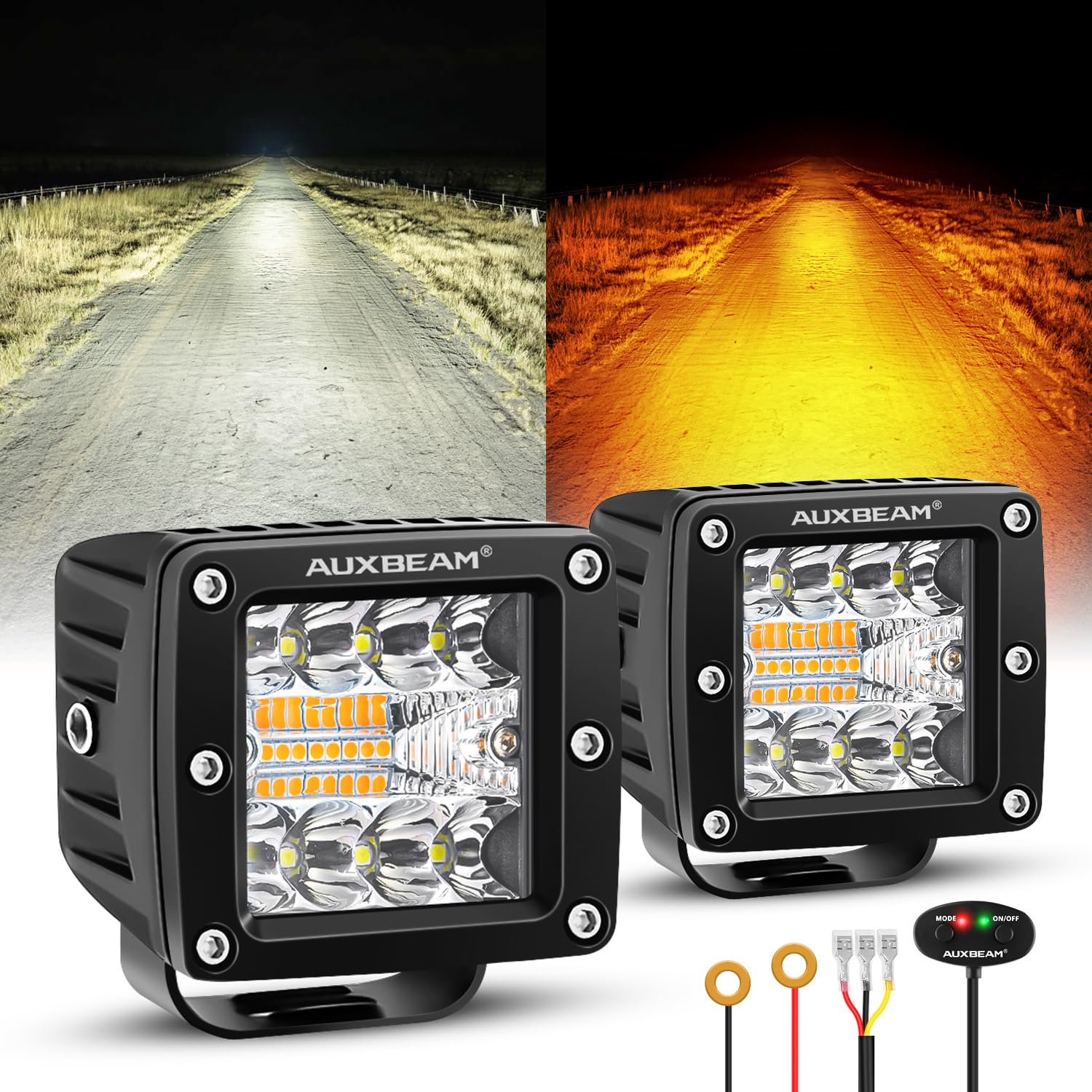 Auxbeam 6 Modes Amber White Series, 3Inch 72W Led Cubes Dual Color Off-Road Strobe Lights, Flood Spot Combo Offroad Fog Ditch Li