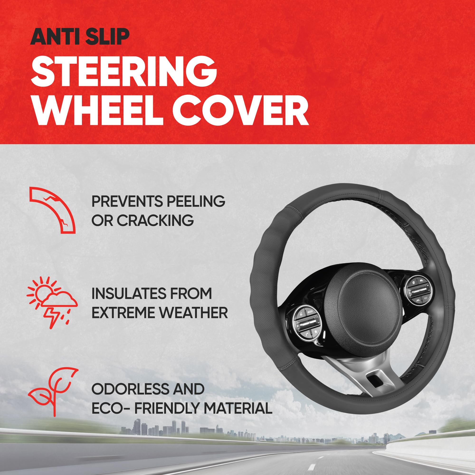 Motor Trend Soft Touch Leather Gray Steering Wheel Cover with Grooves, Advanced Traction Universal Fit for Standard Sizes 14.5 1