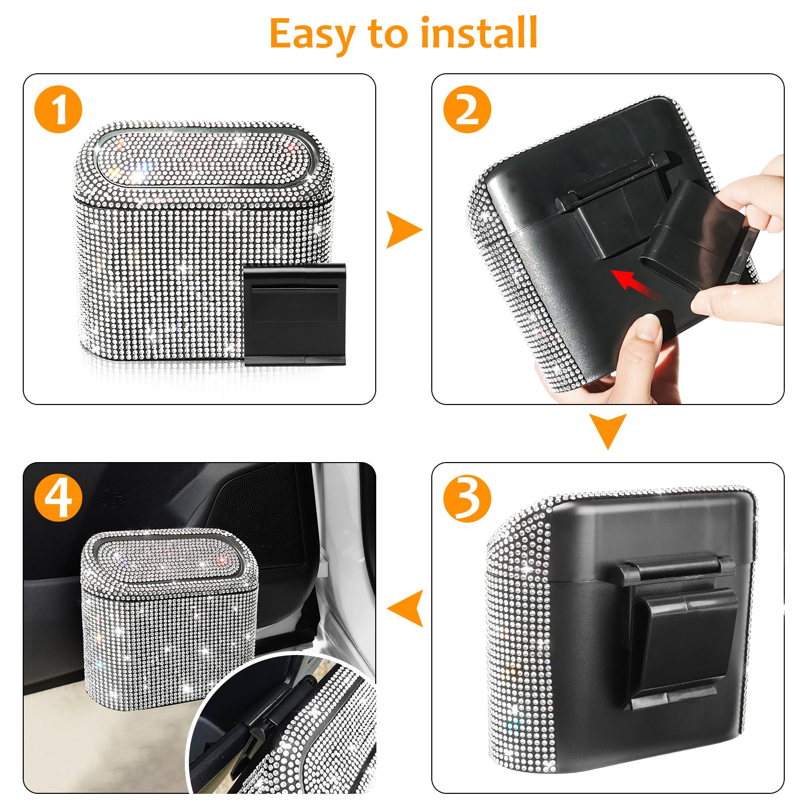 Accmor Bling Car Trash Can With 30Pcs Garbage Bags, Vehicle Trash Bin With Lid Auto Dustbin Organizer Garbage Storage, Sparkling