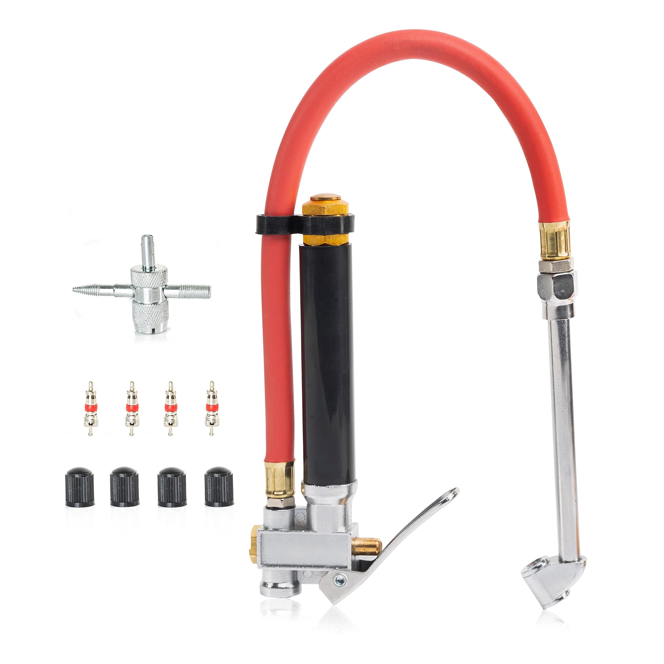 Neiko 20701A Tire Inflator | 12 Inch | Flexible Air Tire Pressure Gauge | 20 – 120 Psi | 1/4” Npt Offset Dual Head Chuck | Tire Filler With Hose | Aluminum Body And Brass Valves | Stem Valve Caps