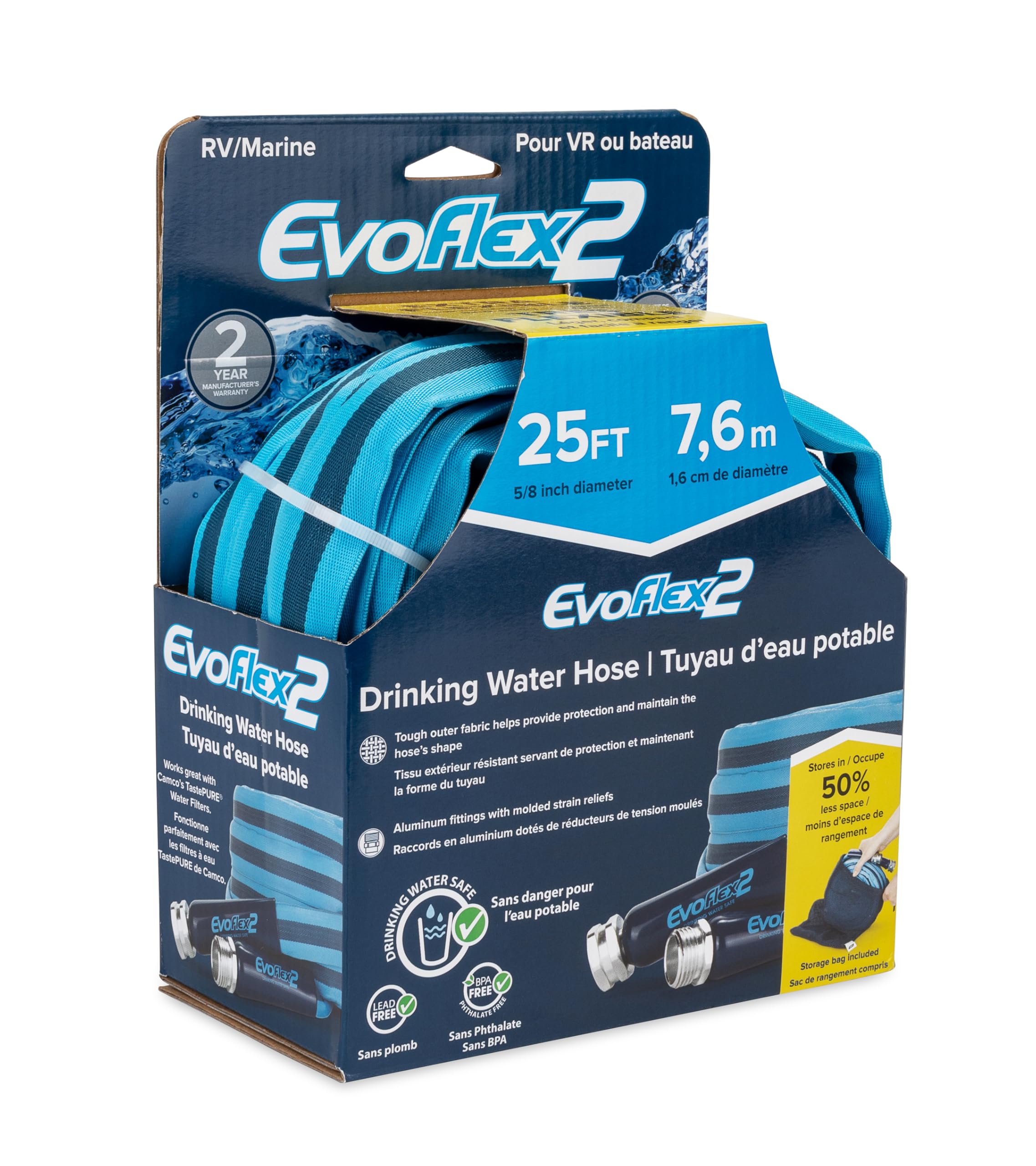 Camco Evoflex2 25-Ft Drinking Water Hose - Rv Drinking Water Hose Reinforced With Fabric & Ultra Lightweight - Contains No Lead,