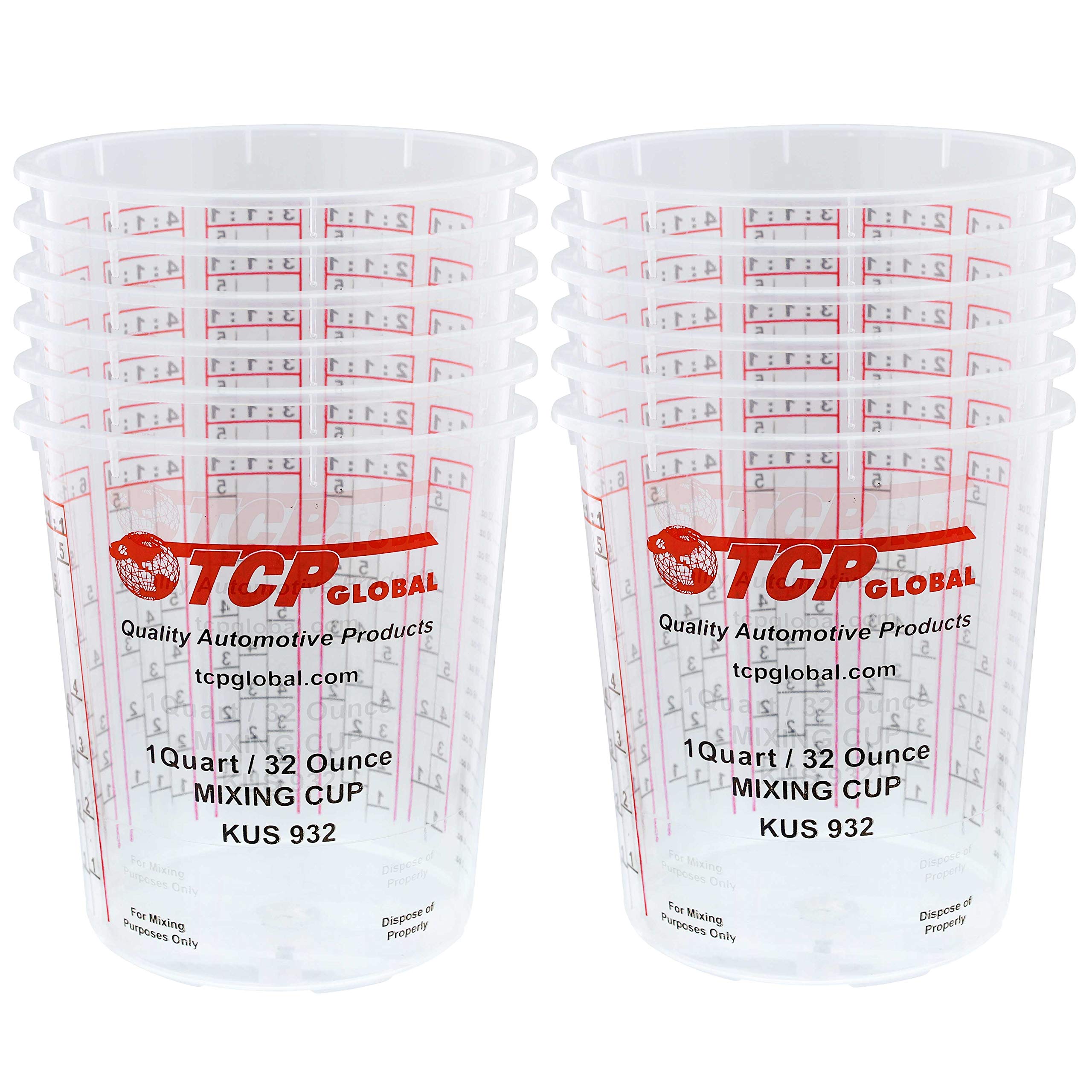 Custom Shop Pack Of 12 each 32 Ounce Paint Mix Cups with calibrated mixing ratios on side of cup