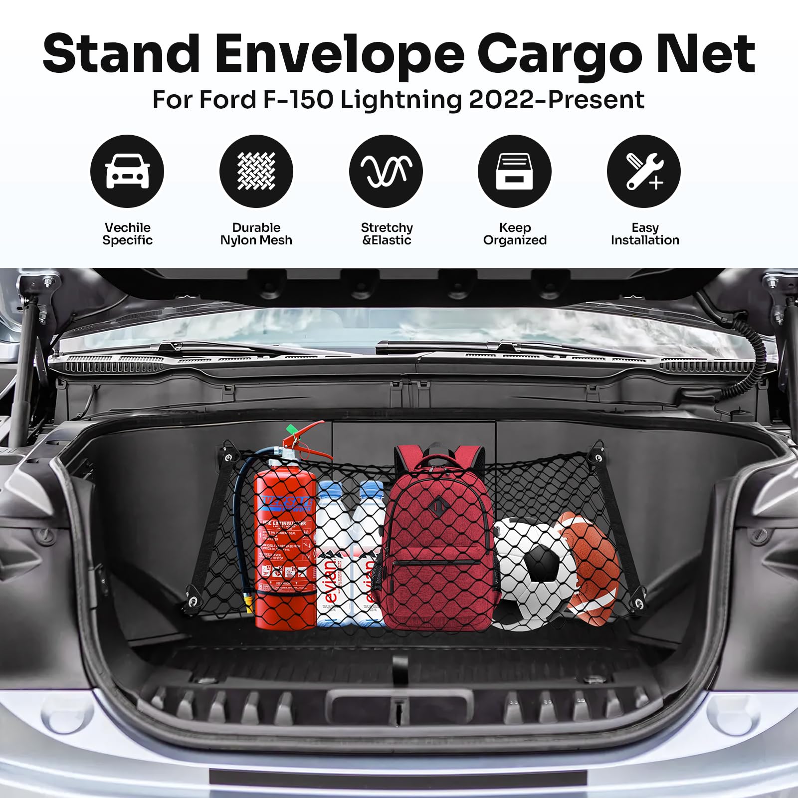 Canvcle Front Trunk Frunk Cargo Net for 2022-2025 Ford F-150 Lightning Accessories Stand Envelope Style Mesh Trunk Net Organizer