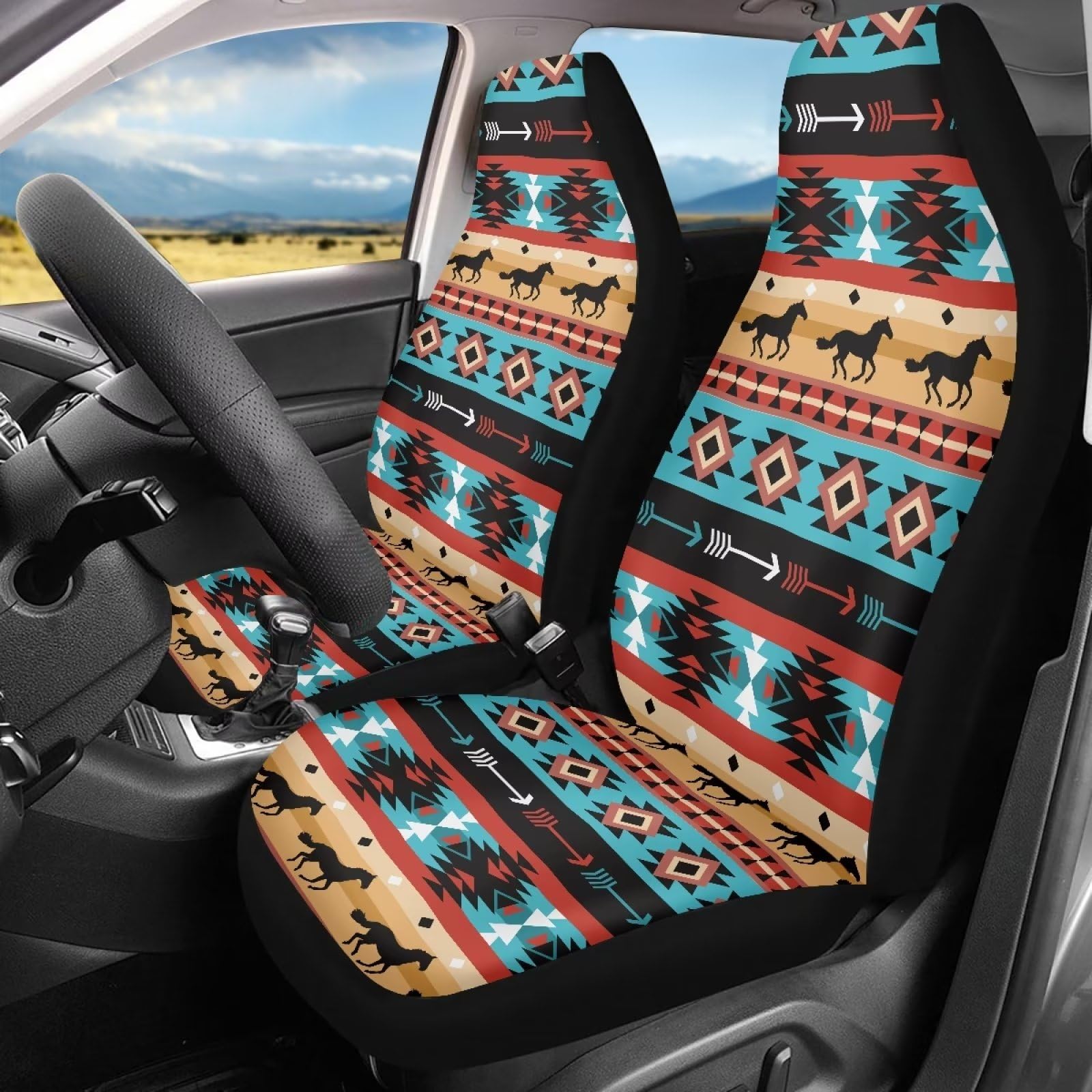 Salabomia Western Horse Car Seat Cover for Women, Aztec Universal Fit 2 Piece Stretchy Breathable Bucket Vehicles Seat Cover Fro