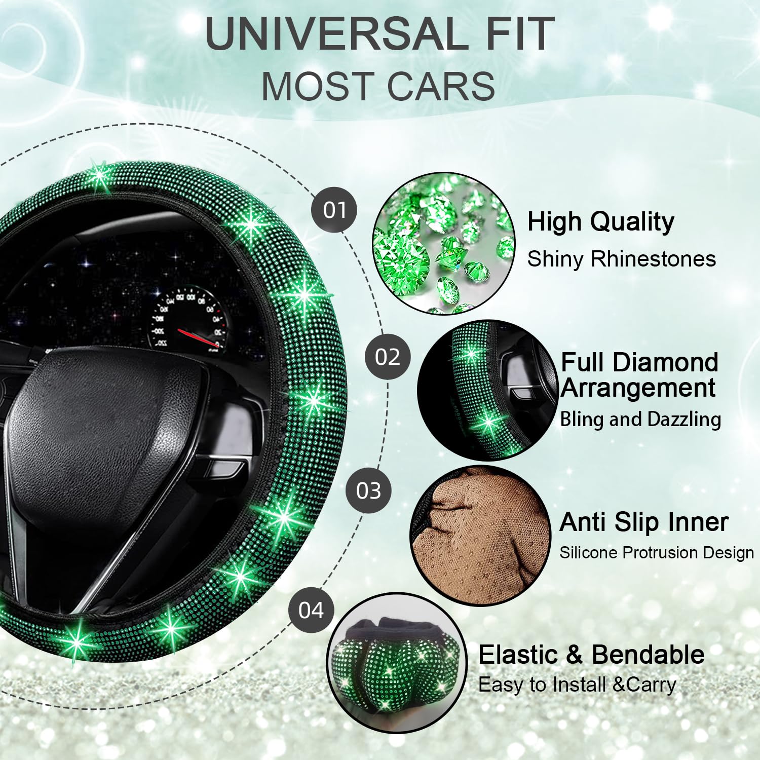 NBTEPEM 27 PCs Green Bling Car Accessories Set for Women, Bling Steering Wheel Covers Universal Fit 15 Inch, Bling License Plate