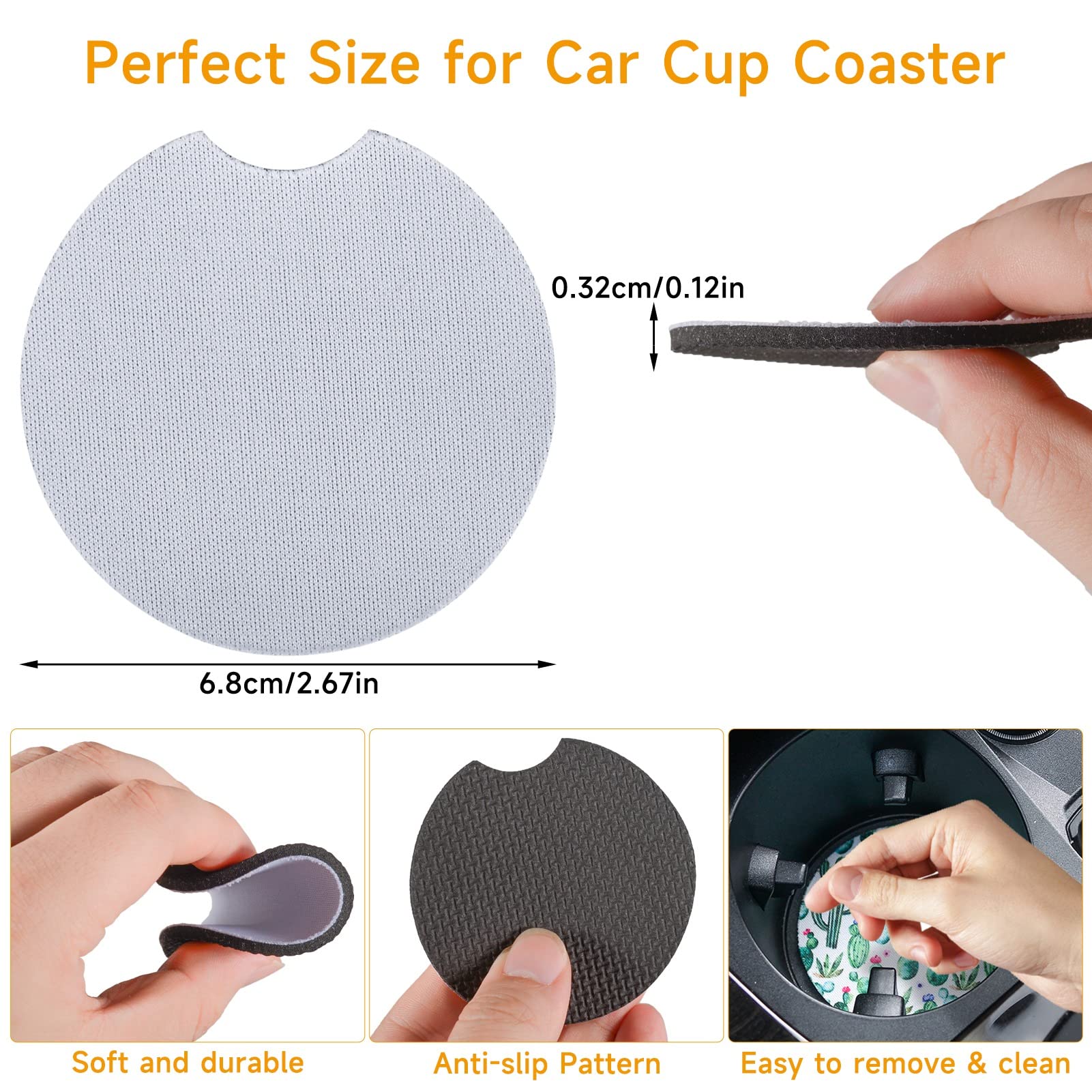 120Pcs Sublimation Blanks Car Coasters, Absorbent Auto Coasters For Cup Holders, Neoprene Car Coasters Absorb Spills To Keep Cup