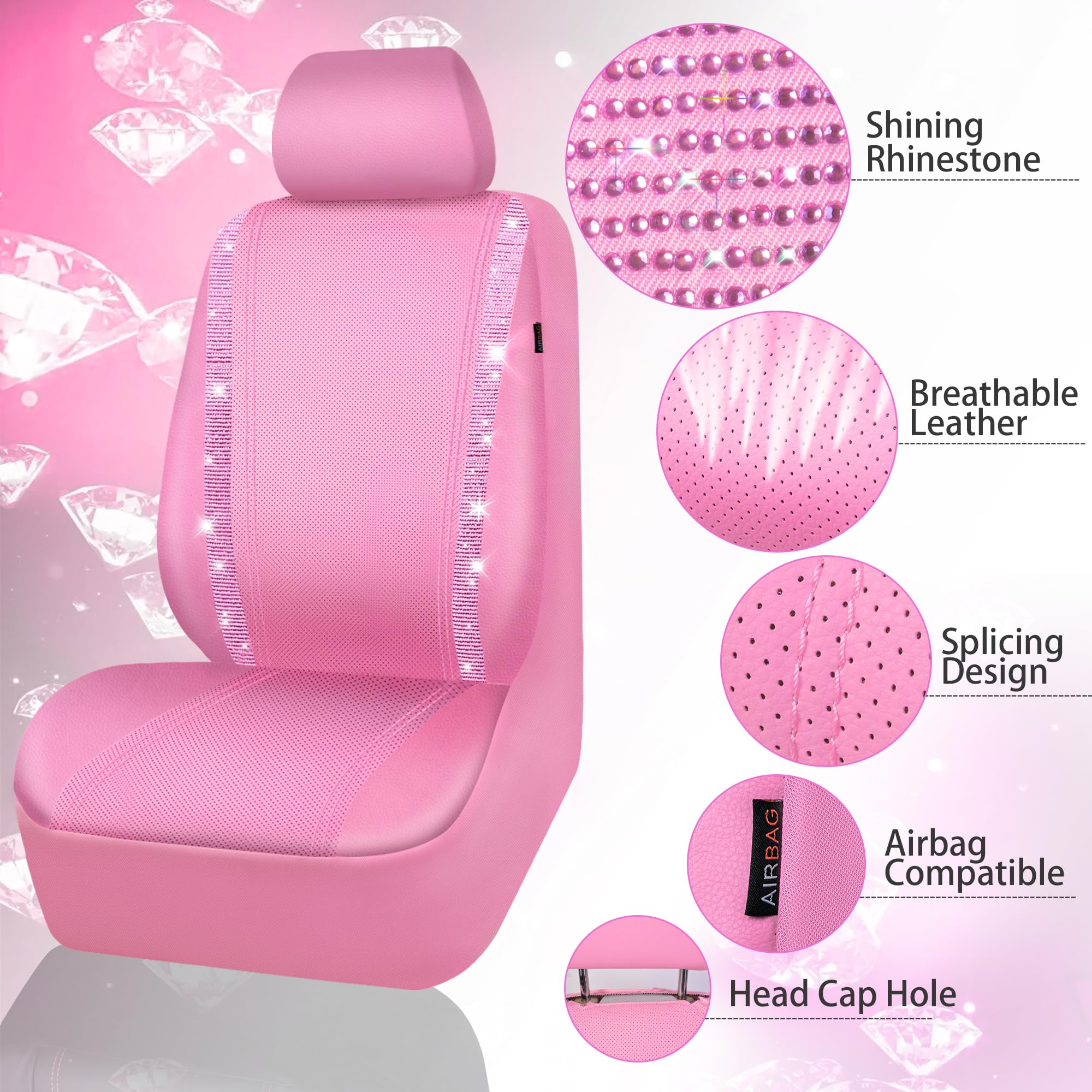 Car Pass Bling Car Seat Covers Full Set, Shining Rhinestone Diamond Waterproof Faux Leather, Rear With Zipper, Universal Fit Automotive Glitter Crystal Sparkle Strips For Cute Women Girl, Pink