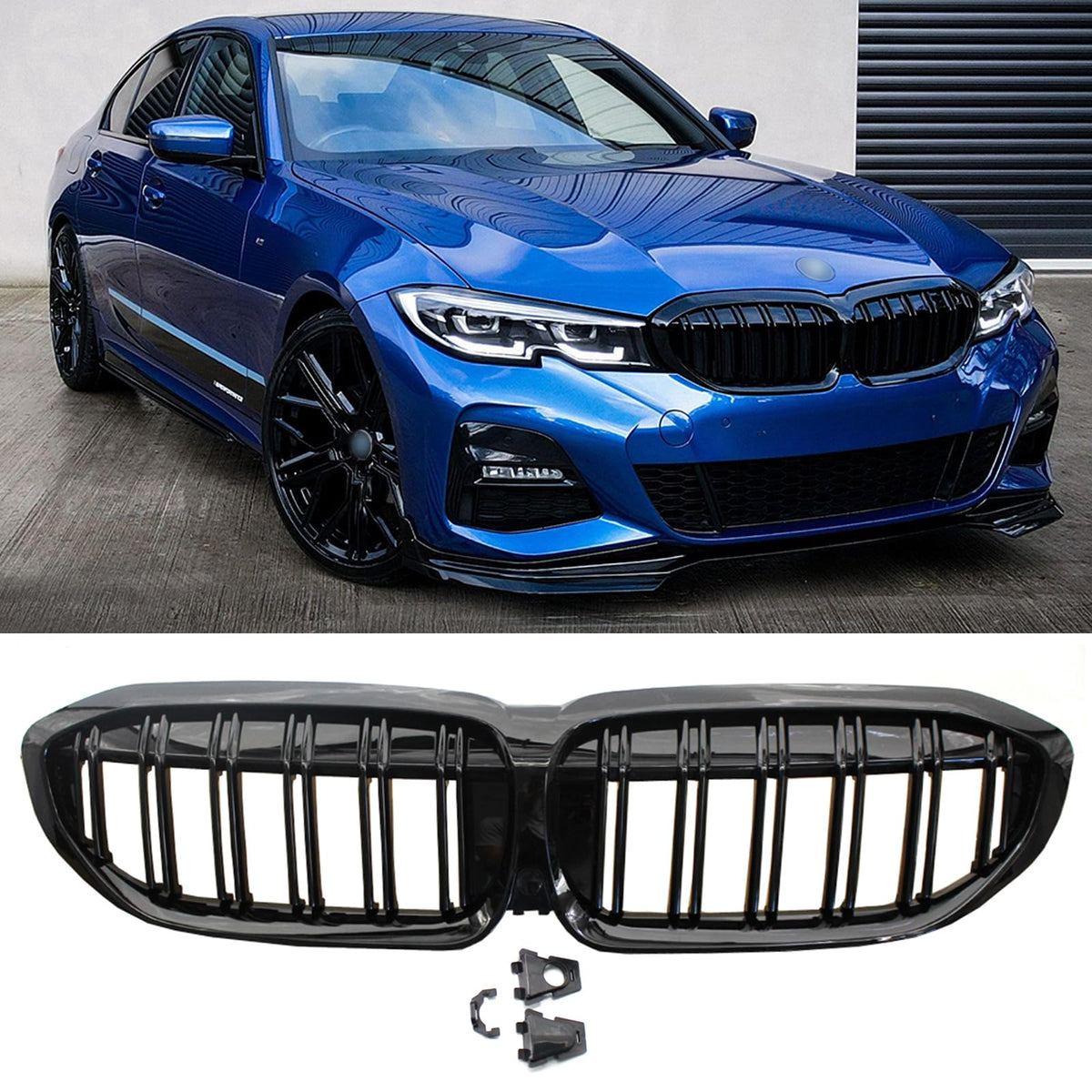 AceRide Double Line Front Bumper Kidney Grille Grill for BMW 3 Series G20 G21 2018-2022 Gloss Black Dual Slats Grills