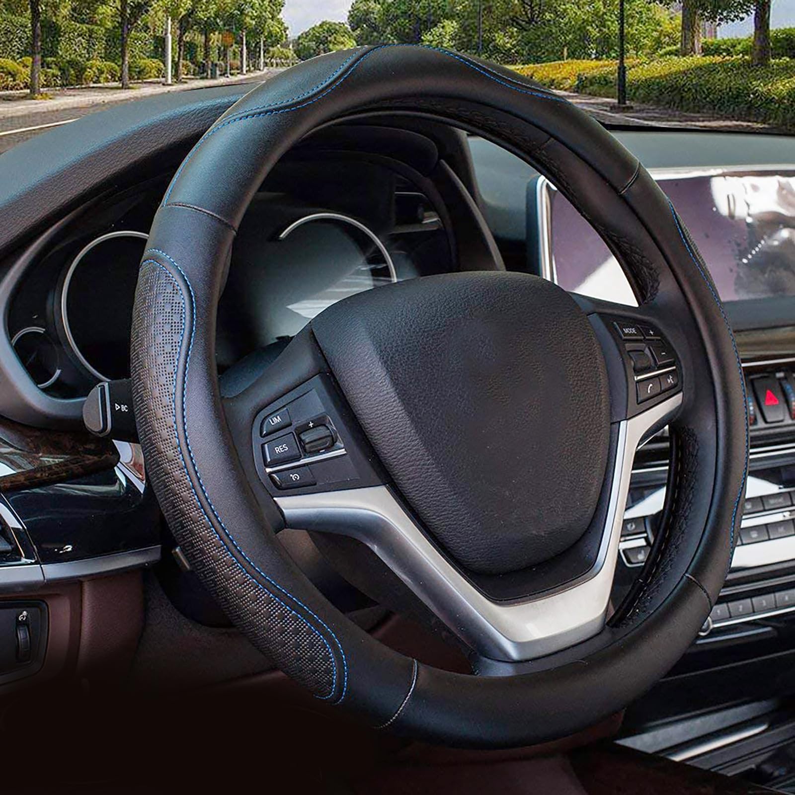 Valleycomfy Leather Steering Wheel Covers Universal 15 Inch -Breathable, Anti Slip & Odor Free (Black With Blue Lines,M(14'' 1/2