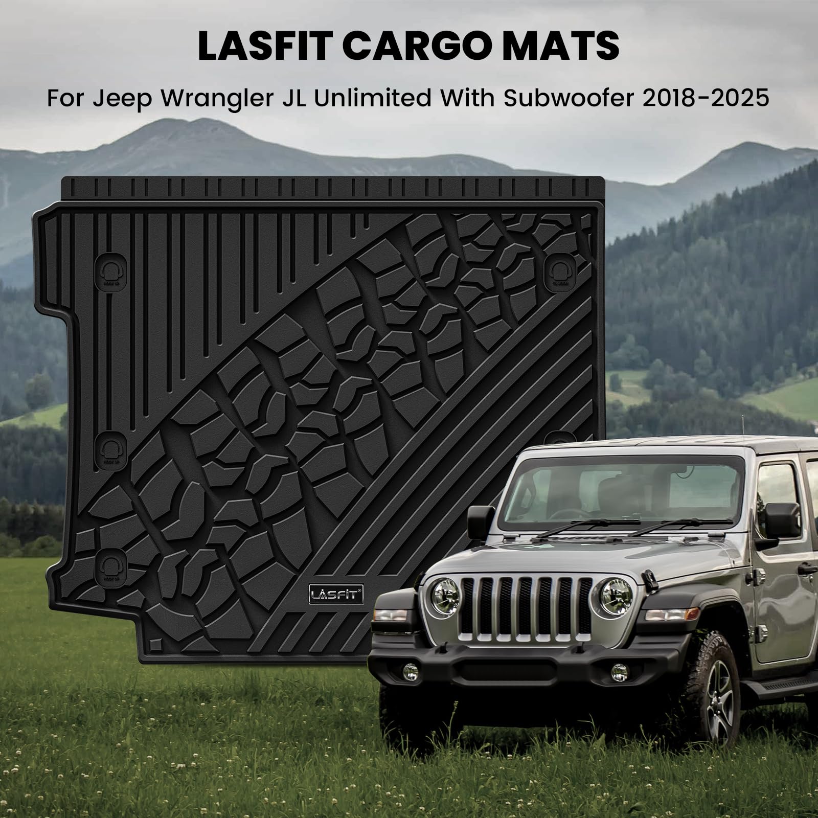 LASFIT Trunk Mat for Jeep Wrangler JL 2018-2025 with Flat Load Floor and Subwoofer Unlimited 4 Door (Not Fit for JK or 4XE) All Weather TPE Custom Fit Cargo Mat Trunk Liner Cargo Liner, Black