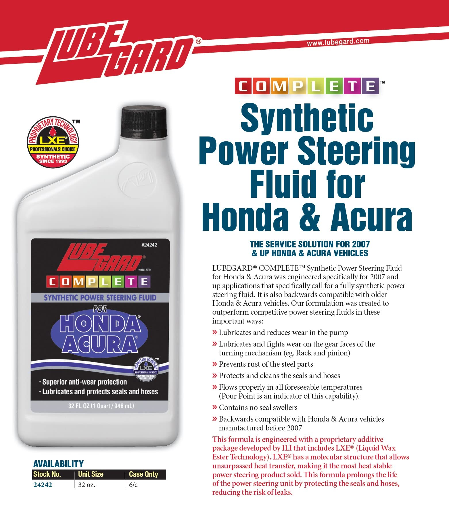 Lubegard 24242 Complete Synthetic Power Steering Fluid For Honda/Acura, 32 Fl. Oz.