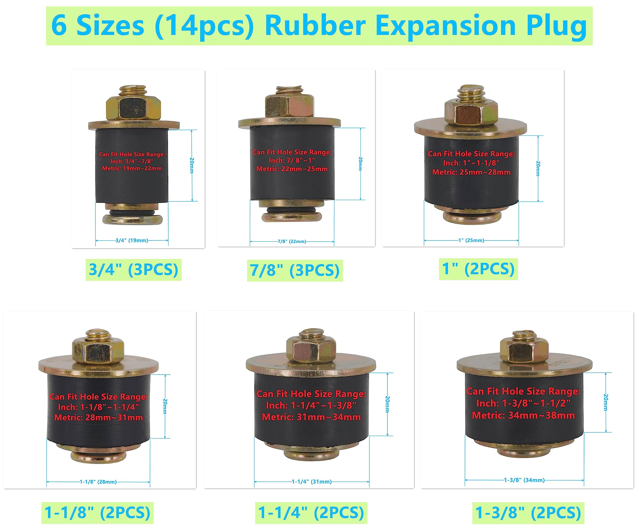 Dsnaduo 6 Sizes (14pcs) Neoprene Rubber Expansion Plug 3/4'' 7/8'' 1'' 1-1/8'' 1-1/4'' 1-3/8'', Automotive Rubber Freeze Frost P